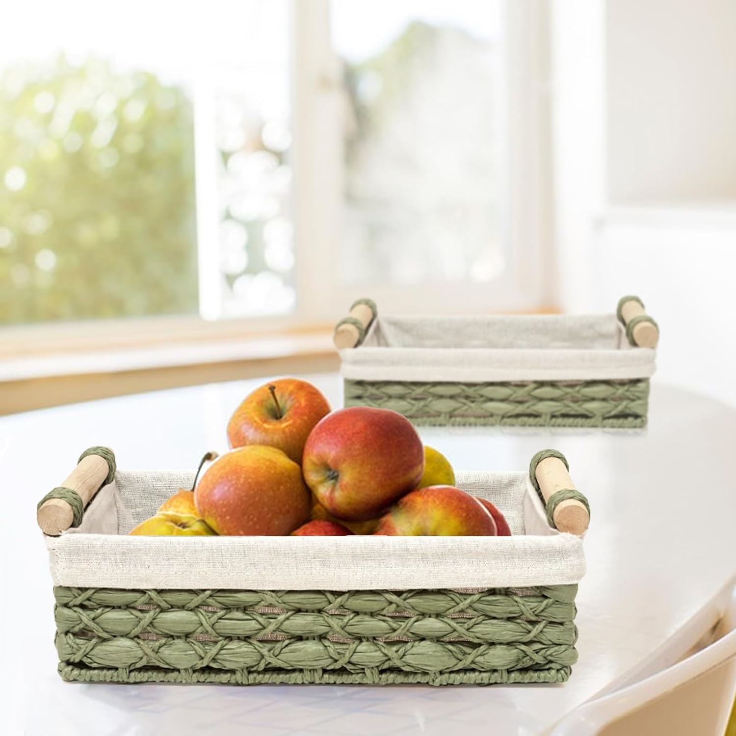 Cesta de almacenamiento de mimbre para organizar con asa, cubos de almacenamiento decorativos para encimera, cesta de almacenamiento de papel