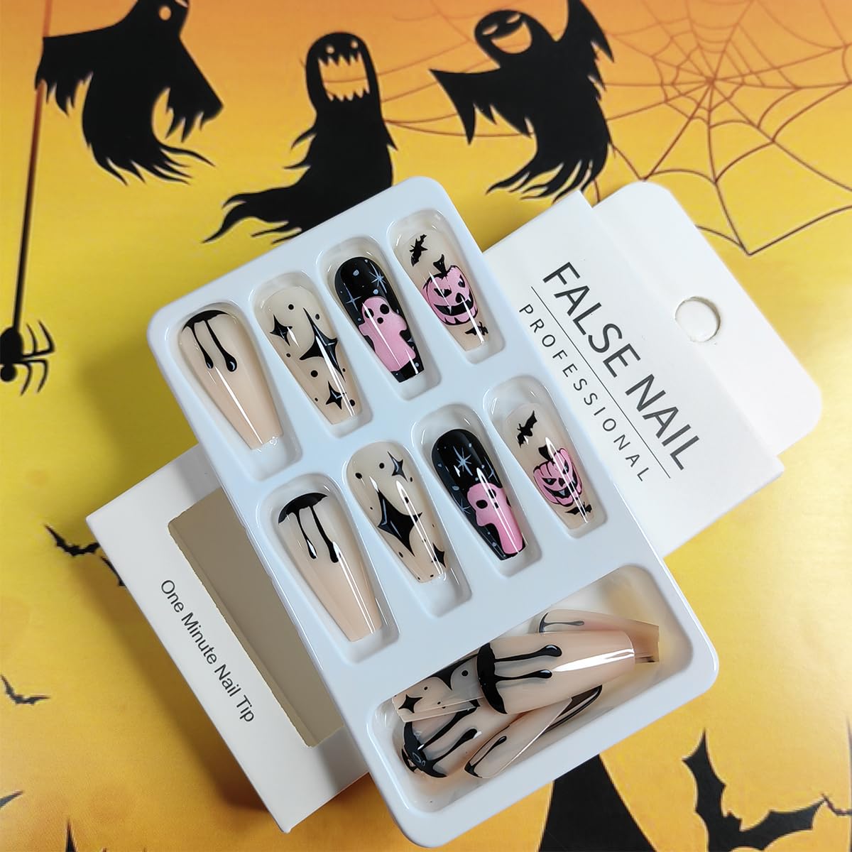 24 uñas postizas largas a presión de Halloween, fantasmas de terror, calabaza, diseño de uñas cuadradas con pegamento en las uñas de Halloween,