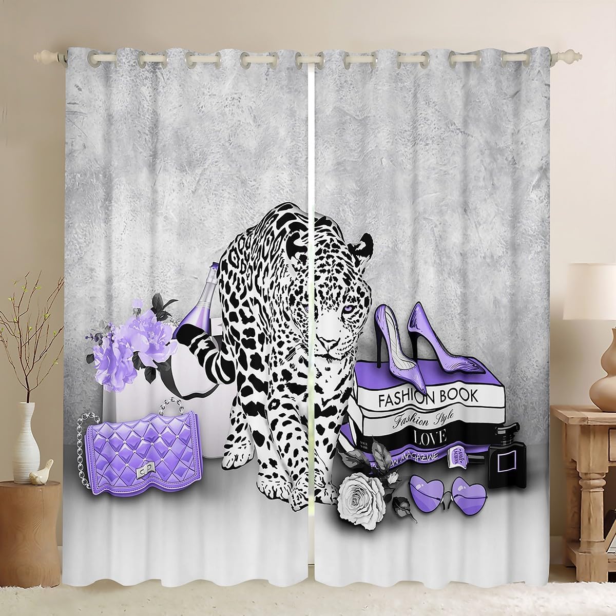 Cortina de ventana con estampado de leopardo y guepardo, para niños y niñas, cortinas de tacón de rosas moradas, cortinas de moda para mujeres,