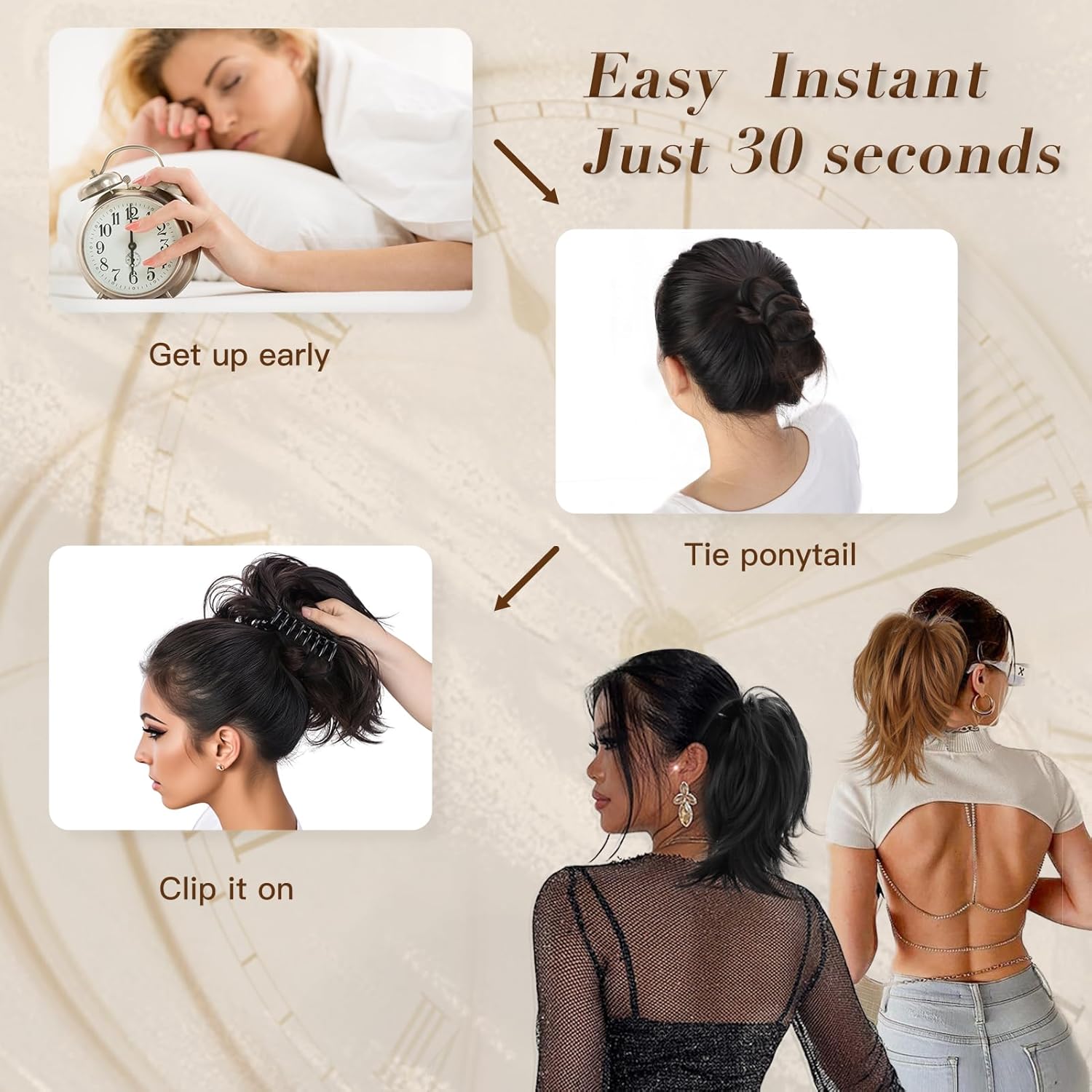 NANNAN Extensiones de cabello corto con clip de garra, cola de caballo de metales flexibles, pieza de cabello sintético para moño, cabello lacio y