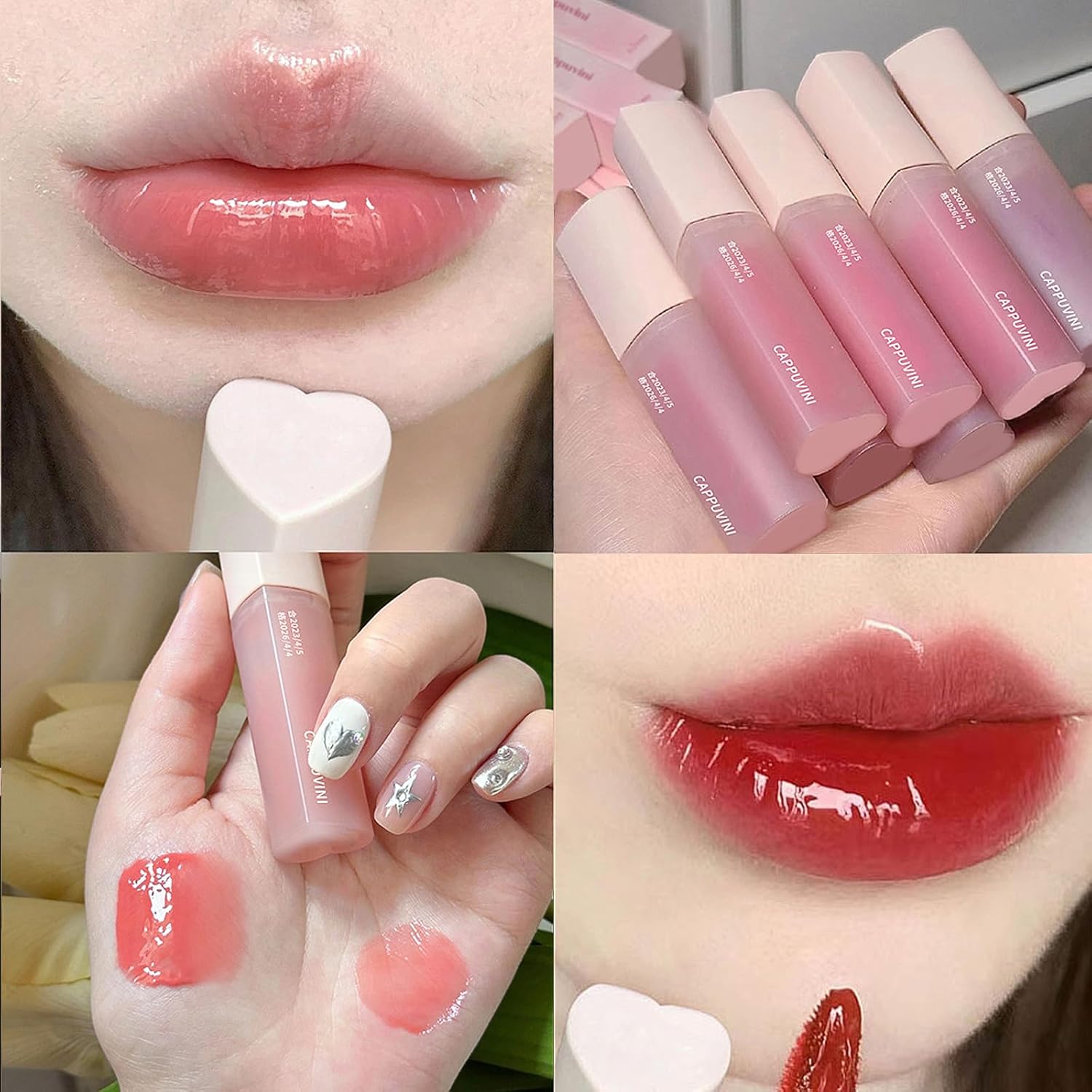 Juego de 6 brillos de labios rosa corazón, color vivo, acabado jugoso y brillante, tinte hidratante de larga duración altamente pigmentado,