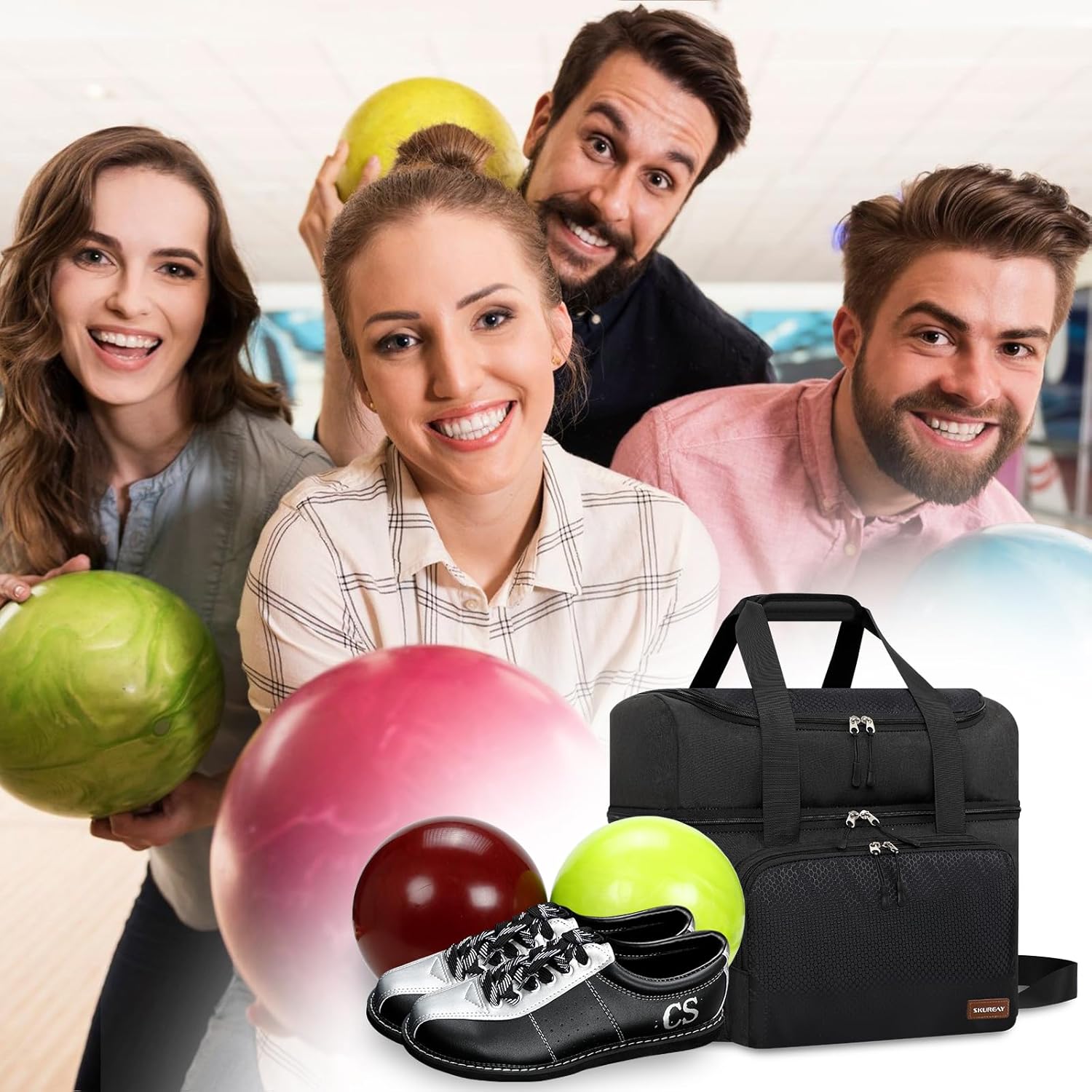 Bowling Ball Bags for SingleTwo Ball, Easy Carry Bowling Ball Tote Bags with Wooden Bowling Holder and Extra Storage Pockets – Holds OneTwo Bowling