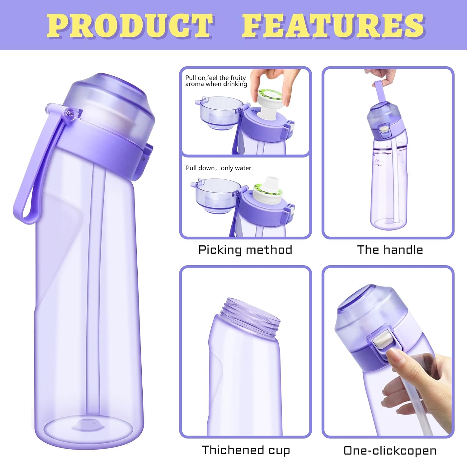 Botella de agua con cápsulas de sabor de 21.9 onzas  22.0 fl oz, botella de agua con fragancia de fruta, botella de agua reciclable deportiva para