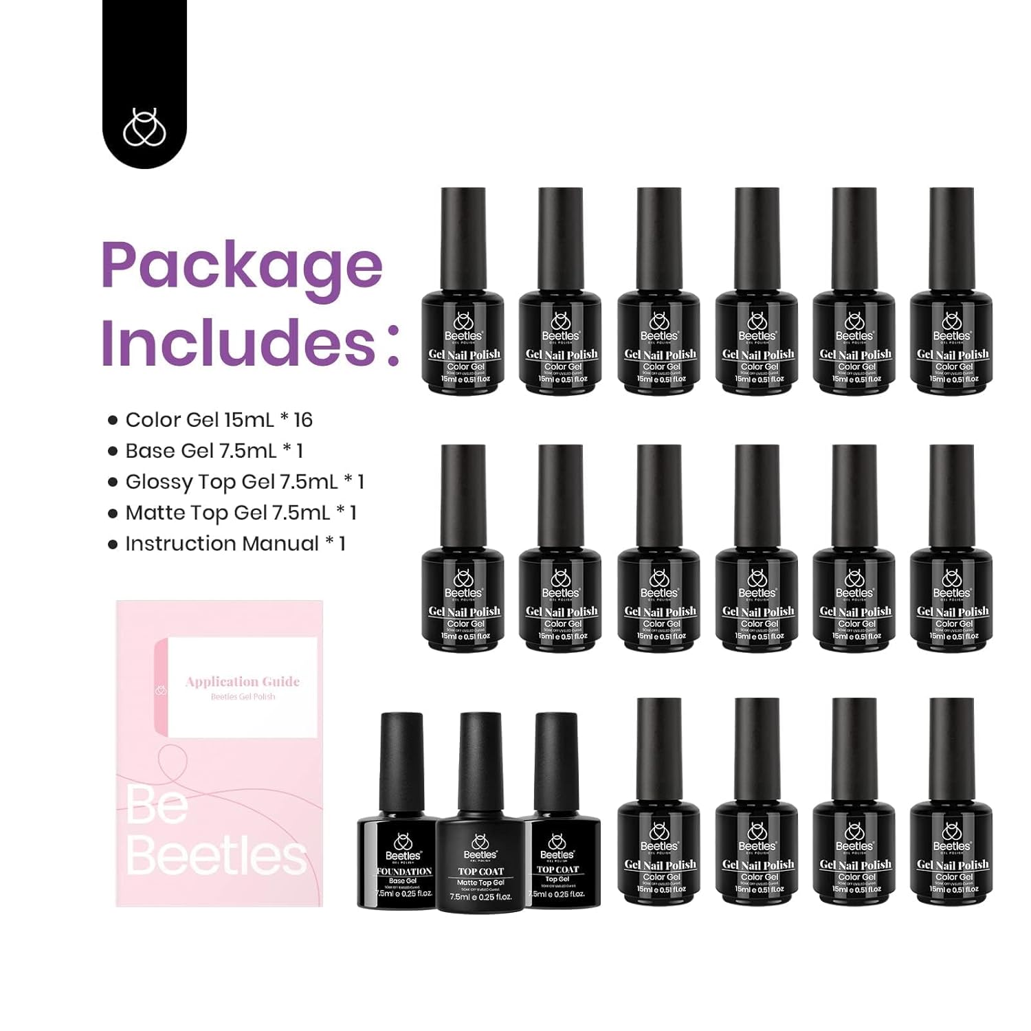 beetles Gel Polish Juego de esmaltes de uñas de gel de 16 colores de 0.5 onzas líquidas, blanco, marrón oscuro, rosa, nude, encanto, natural,