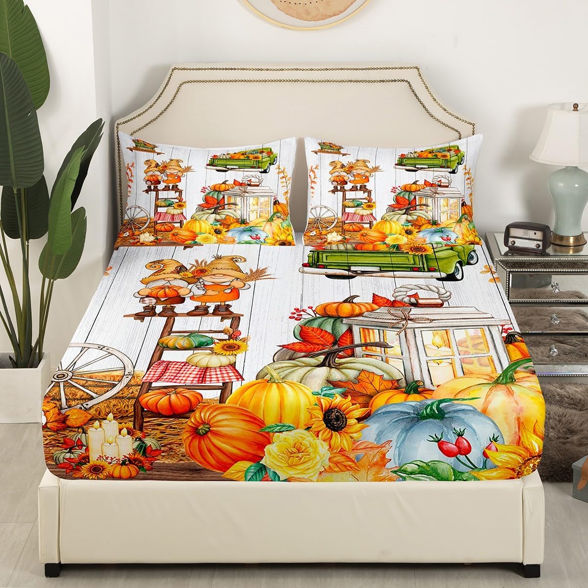 Happy Fall Y’all Juego de sábanas tamaño individual, juego de ropa de cama de calabaza de cosecha de otoño para niños pequeños, hojas de otoño,