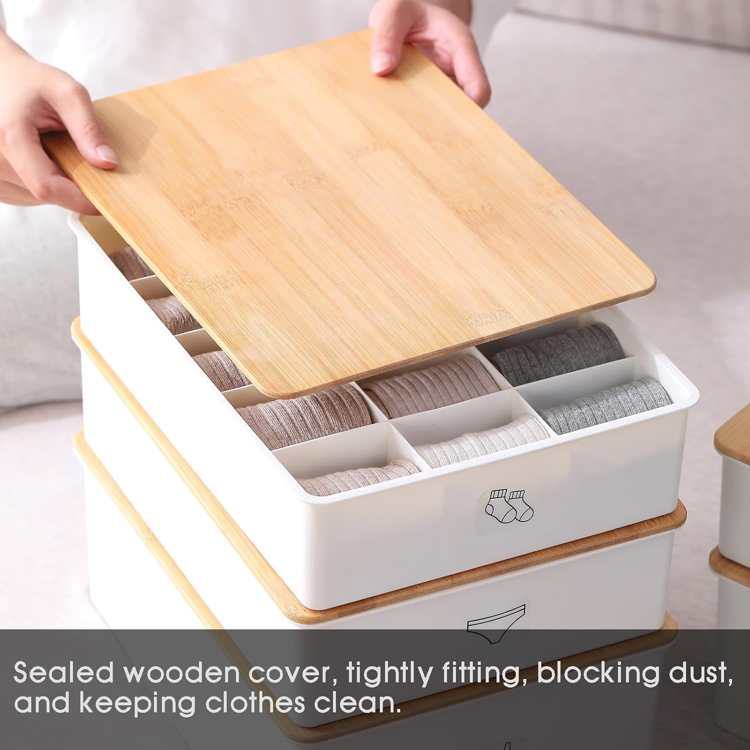 Caja de almacenamiento de lujo con tapa de bambú para calcetines y ropa interior, 10 celdas + 15 celdas, organizadores de tela y cajas de