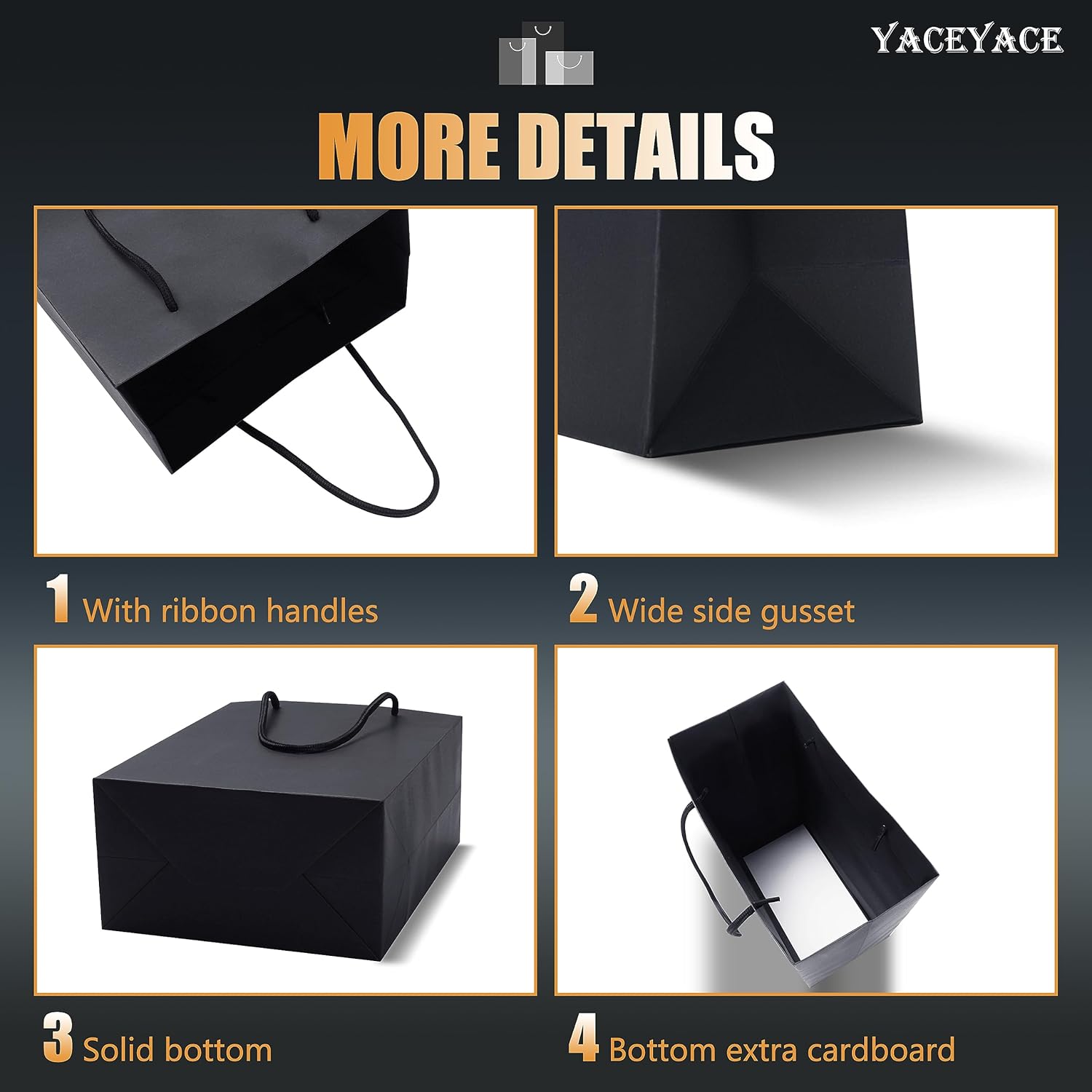 YACEYACE Bolsas de regalo negras de tamaño mediano, 10 unidades de 8 x 4.25 x 10 pulgadas, bolsas de regalo negras medianas con asas de cinta,