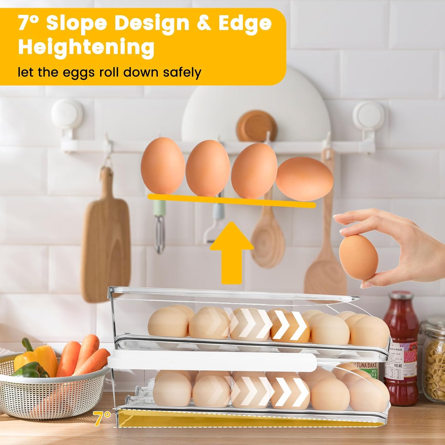 Soporte para huevos para refrigerador, contenedor de huevos rodante de gran capacidad para con tapa desmontable, cubos organizadores apilables para