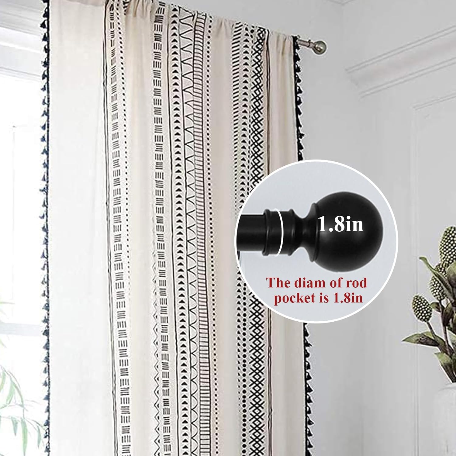 Cortinas negras y blancas de 63 pulgadas de largo, 2 paneles de cortinas bohemias de granja para sala de estar, cortinas geométricas de algodón y