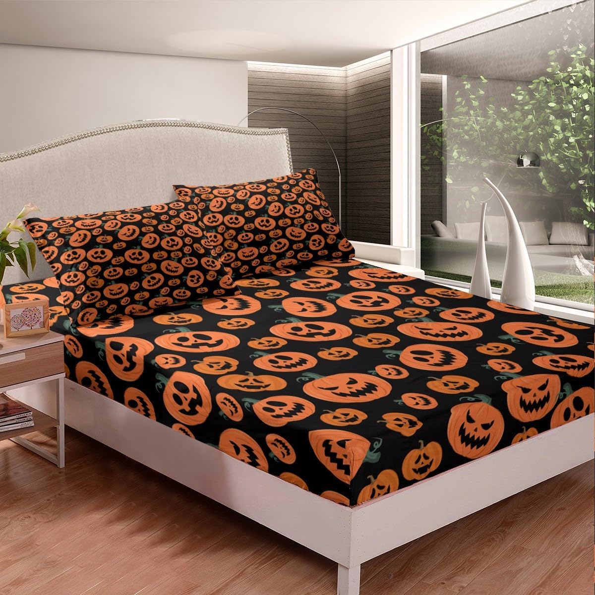 Feelyou Juego de sábanas de Halloween tamaño King con farol de calabaza para niños y niñas, sábanas de truco o trato con sábana bajera de bolsillo