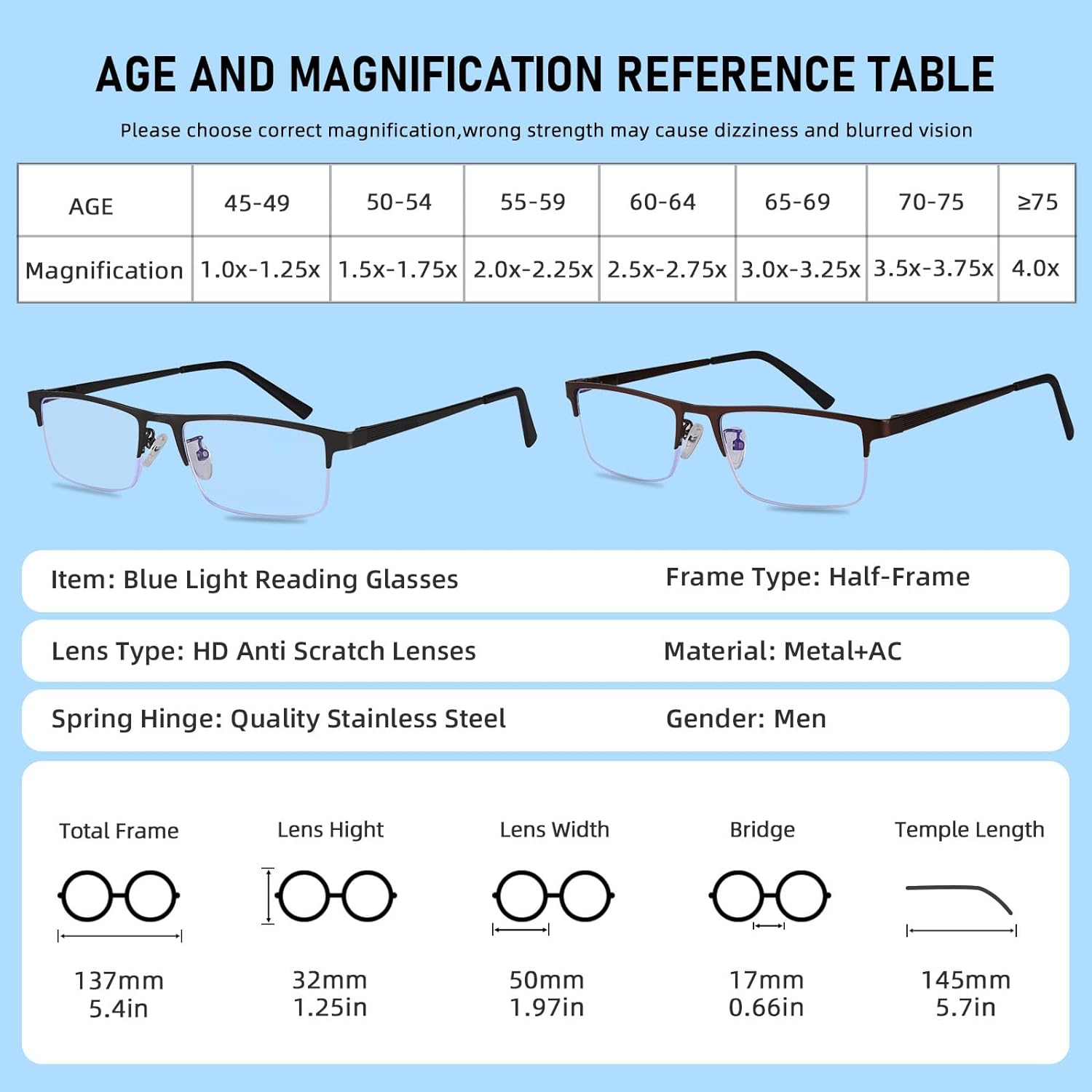 Paquete de 3 lentes de lectura para hombre, ligeros marcos de metal con bloqueo de luz azul, filtro elegante para rayos UVdeslumbramiento de