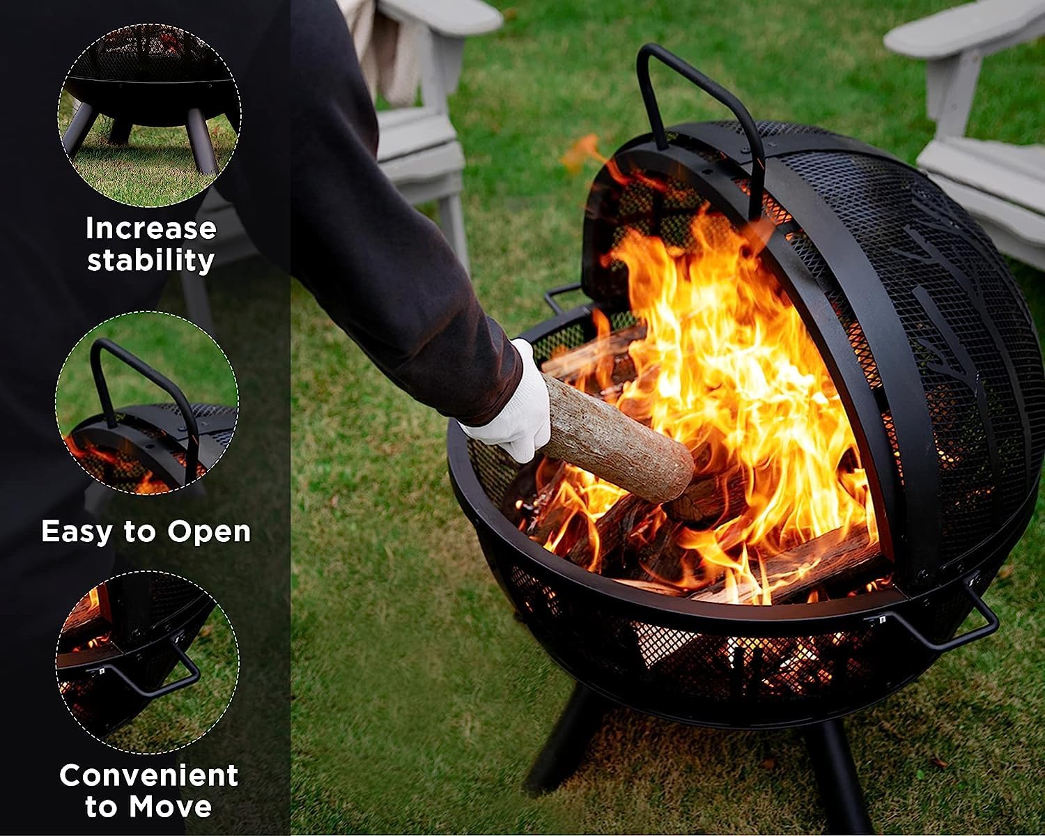 papababe Fogata de 35 pulgadas para exterior con parrilla, hoguera de leña, hoguera de globo de hoguera con patrón de árbol de póquer para patio,