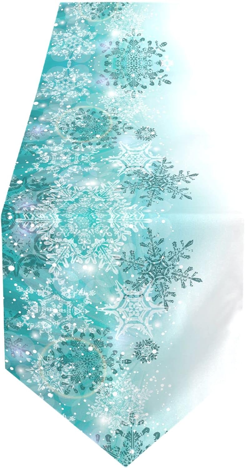 ALAZA Camino de mesa de Navidad de doble cara con copos de nieve de invierno, color verde azulado, turquesa, 14 x 108 pulgadas de largo, mantel para