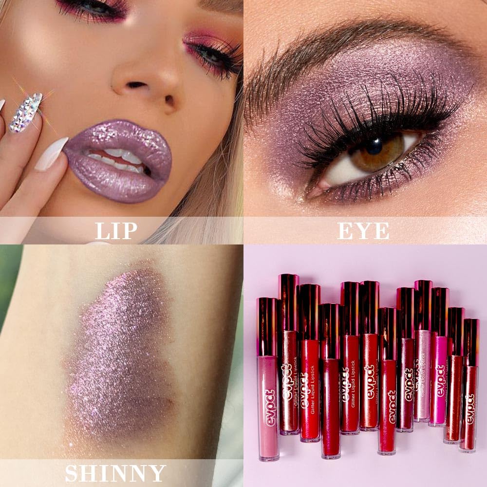 evpct Juego de 2 lápices labiales líquidos de larga duración color malva y gris pardo, morado mate a purpurina, para mujer, con diamantes,