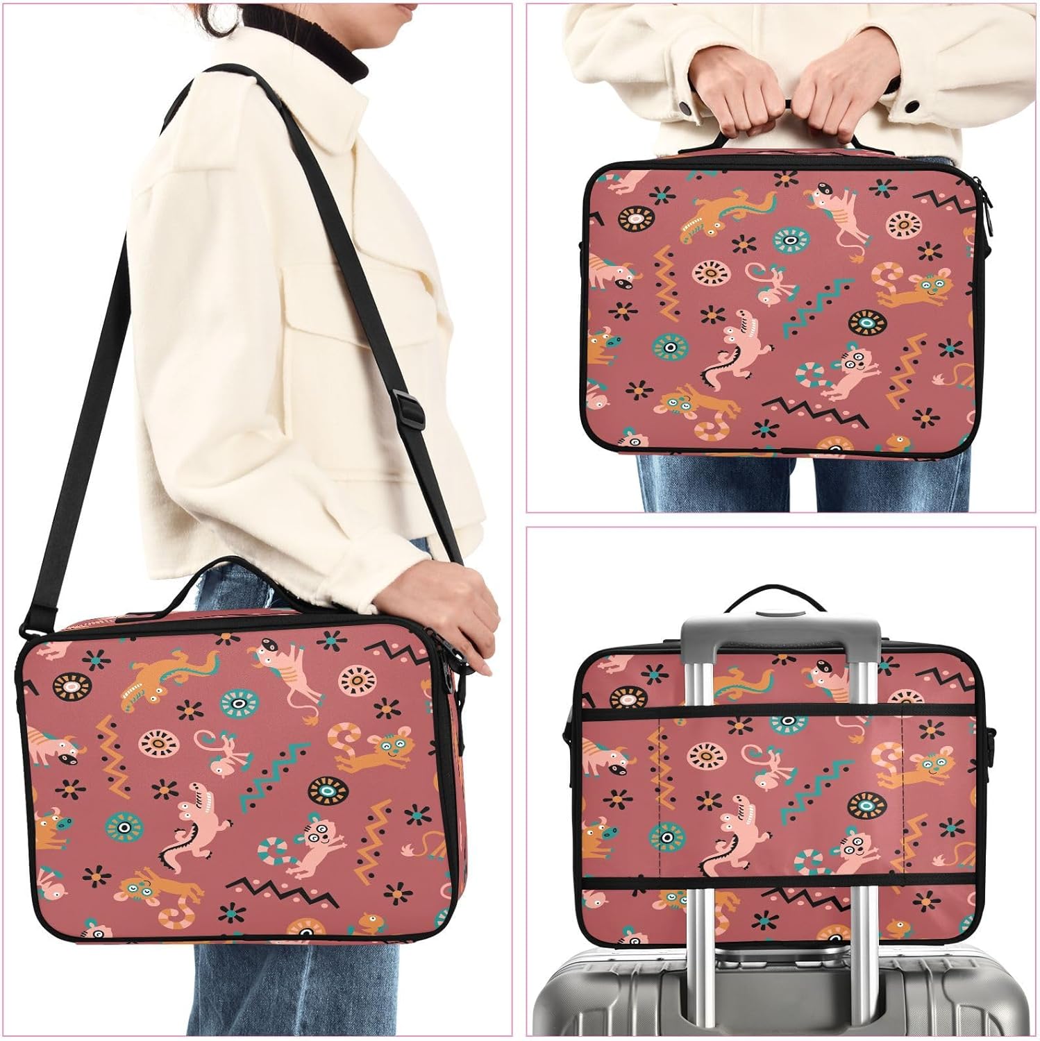 Bolsas de cosméticos de animales de dibujos animados de cocodrilo marrón premium para mujeres, bolsas de viaje para artículos de tocador, bolsa de