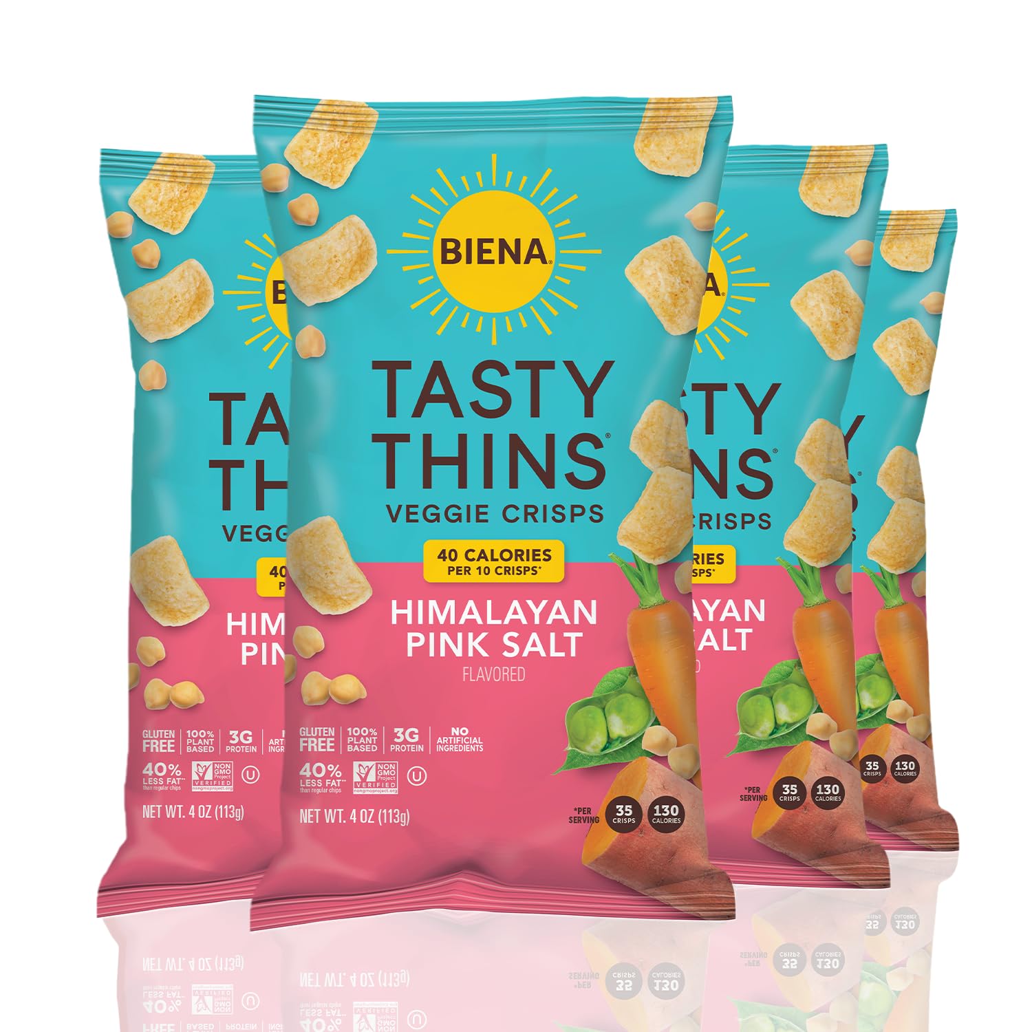 BIENA Tasty Thins – Chips vegetales de garbanzos  Sal marina, paquete de 4, bolsas de 4 onzas  Garbanzos y verduras, veganos, sin gluten, sin
