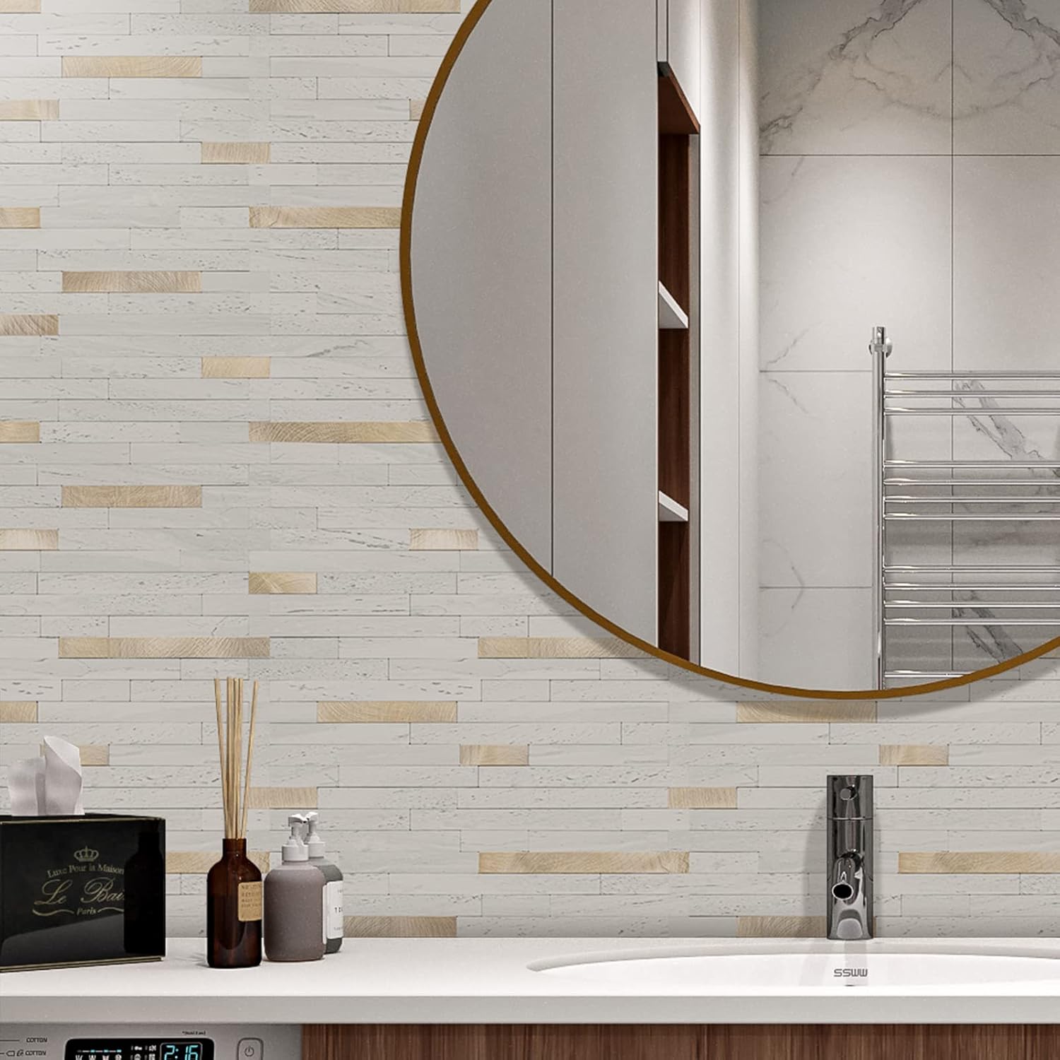 STICKGOO 20 hojas de azulejos autoadhesivos para salpicaduras para cocina y baño, aspecto de arenisca blanca, PVC, mezcla de metal dorado, azulejos