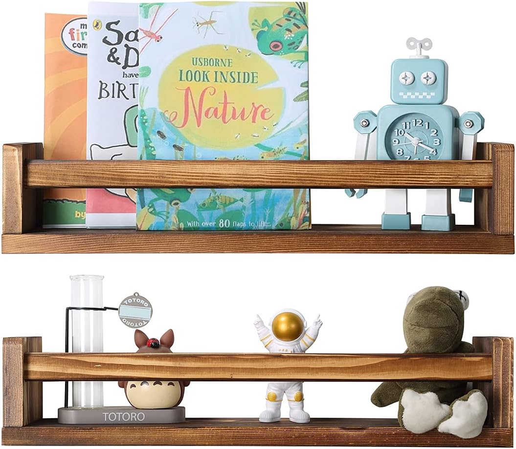 Juego de 2 estantes flotantes de madera para habitación de niños, estante de libros para guardería, estante de especias de cocina (marrón oscuro,