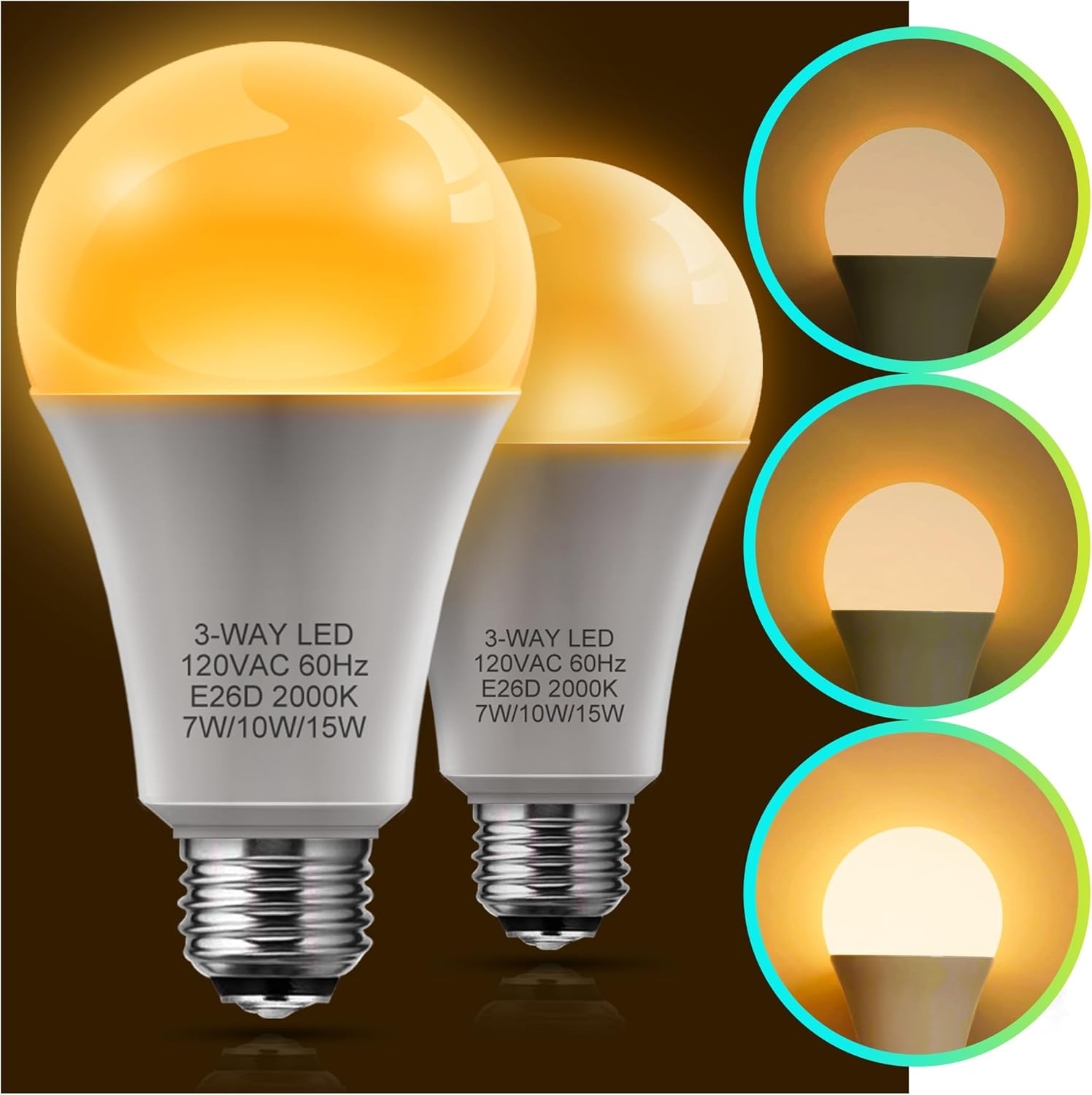 LOHAS – Bombillas ámbar de 3 vías equivalentes a 50100150 W, bombillas LED de 3 vías ámbar 2000K, bombillas ámbar regulables, bombilla de tres vías