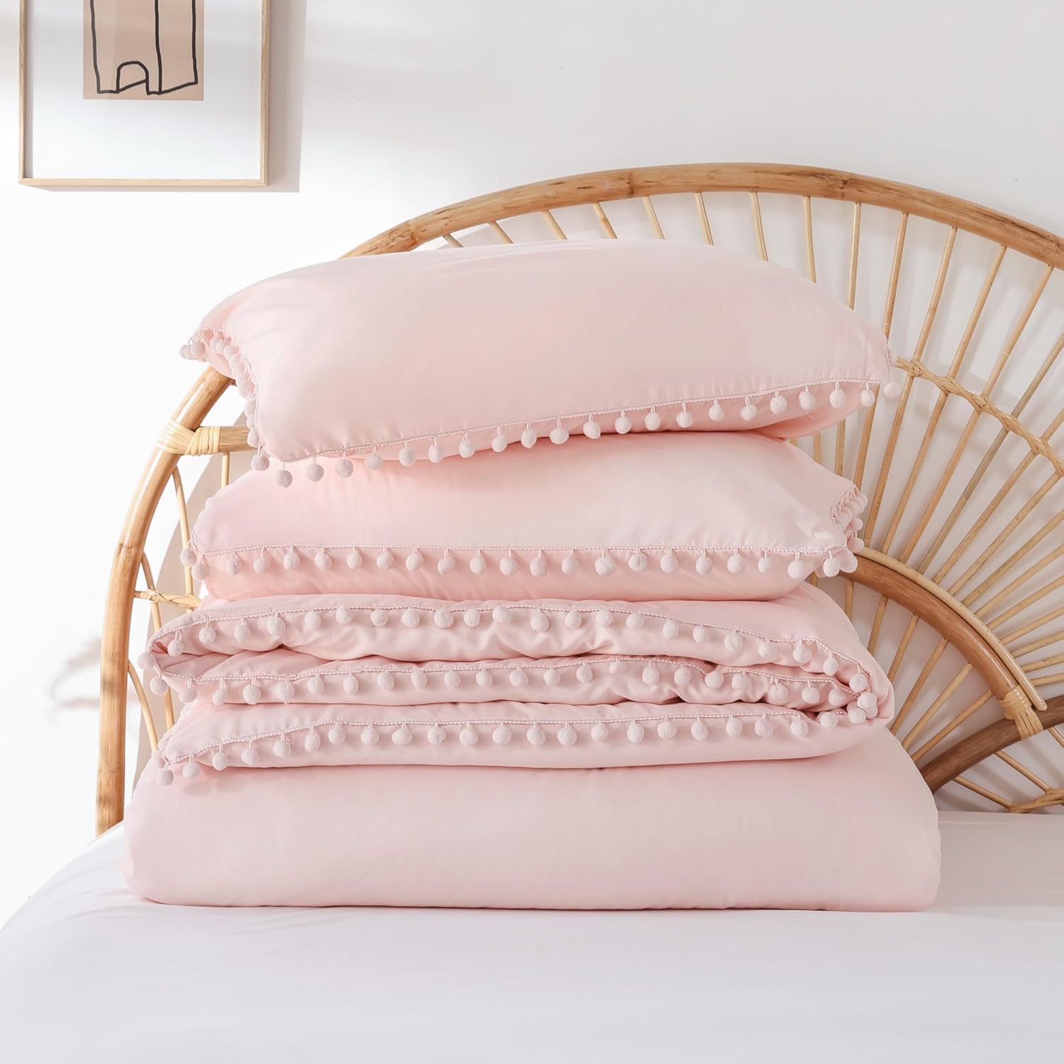 YIRDDEO Juego de edredón de 3 piezas con diseño de flecos de pompones, juego de ropa de cama matrimonial lujoso y bohemio estético, juego de edredón