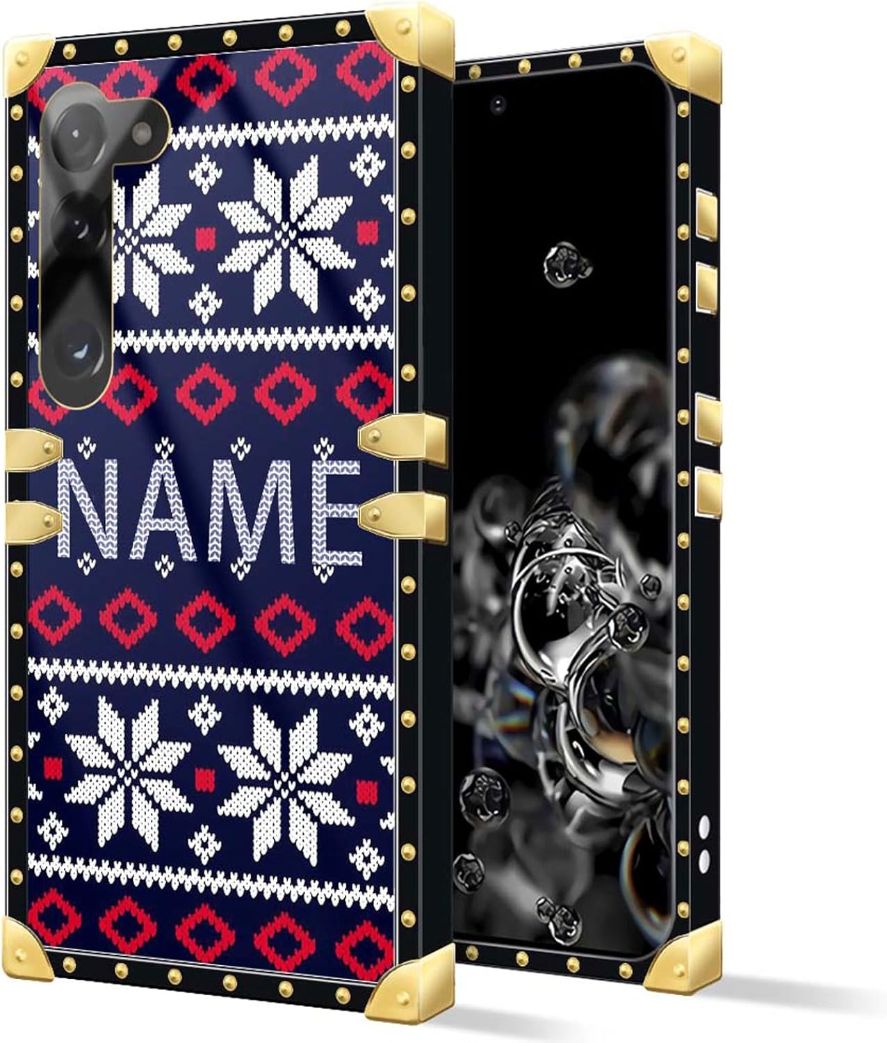 DAIZAG Funda de teléfono azul con diseño de copos de nieve de Navidad, diseño cuadrado dorado para funda de regalo, compatible con Samsung Galaxy