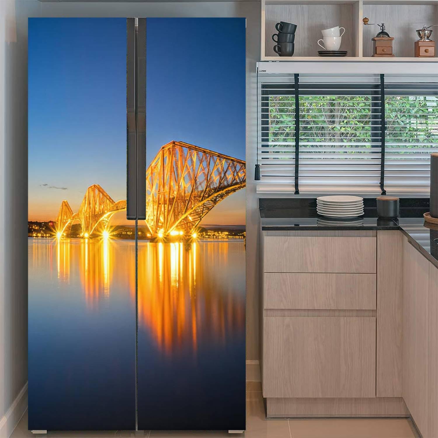 Juego de envolturas de vinilo autoadhesivas para refrigerador, diseño de paisaje natural, color rojo, para puerta de ferrocarril en la noche,