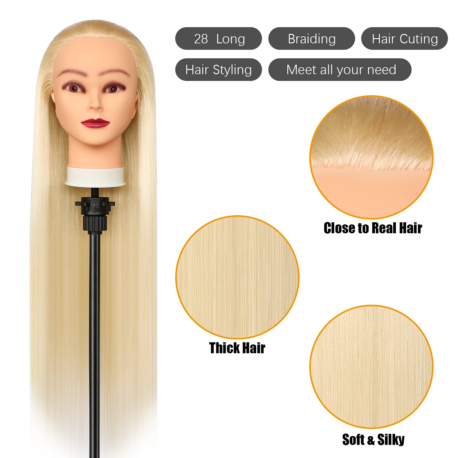 Cabeza de entrenamiento de 28 pulgadas, cabeza de peluquería 100% fibra sintética, cabeza de entrenamiento de peluquería con abrazadera gratuita y