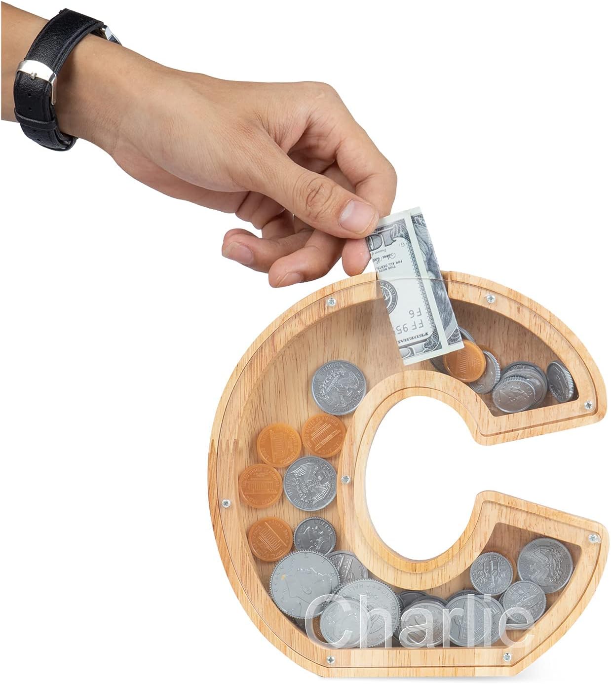 Alcancía de madera personalizada para niños y niñas, alcancía con nombre personalizado de 26 letras para niños y niñas, regalo de cumpleaños (C)