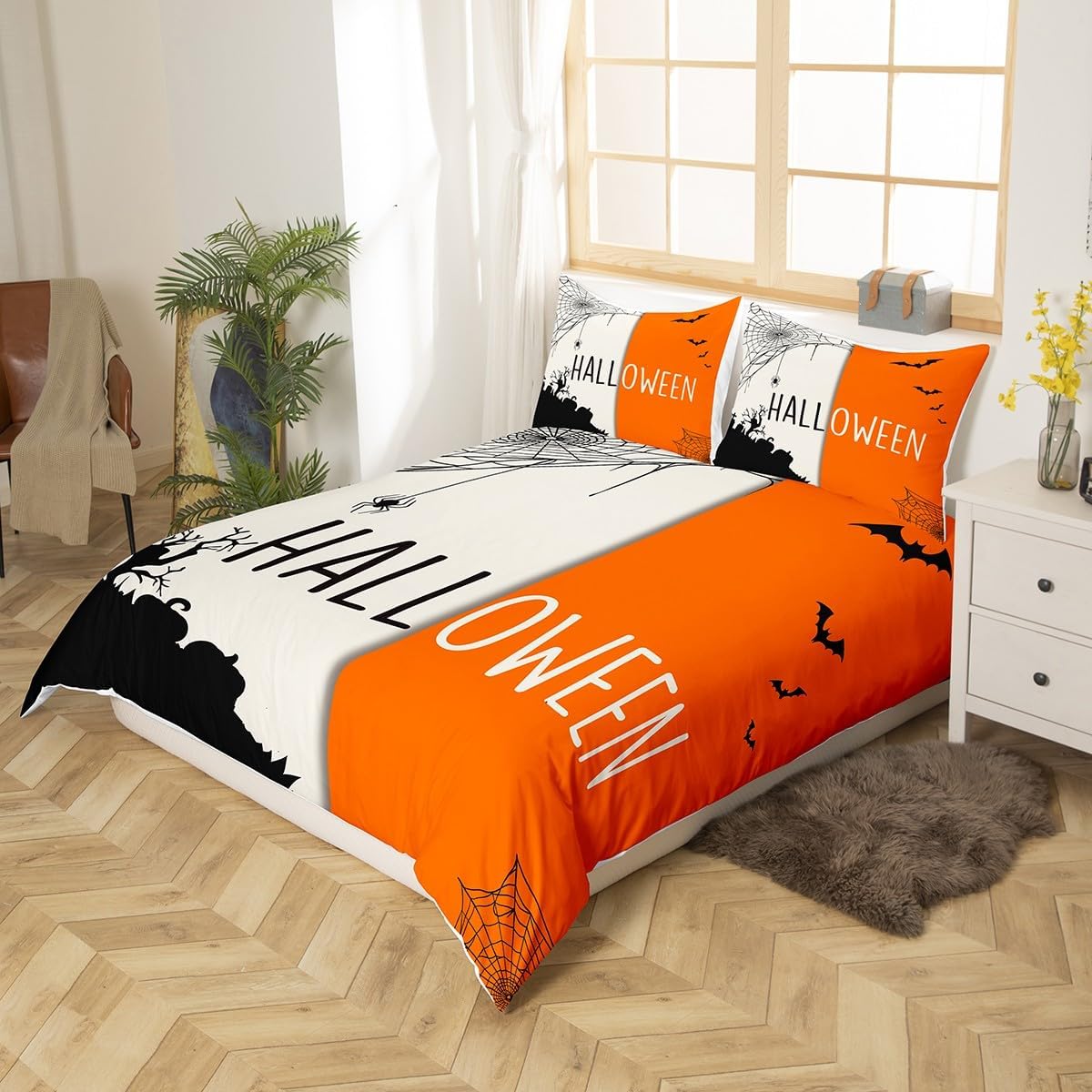 Feelyou Juego de ropa de cama de Halloween para niños y niñas, juego de funda de edredón vintage de Halloween, tamaño Queen, funda de edredón de