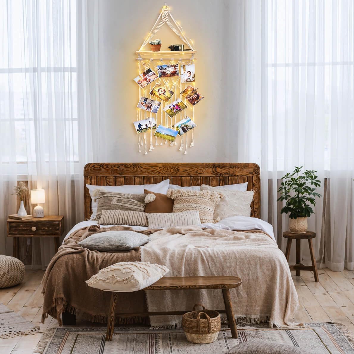 Homecor Estantes colgantes de macramé para decoración de pared, decoración bohemia de habitación, marco de fotos con 30 clips de luz, regalos de