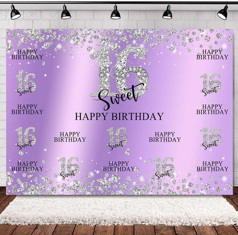 Sensfun Telón de fondo para fiesta de cumpleaños de 16 años, morado y plateado, decoración de dulces dieciséis dulces, diamantes con purpurina,