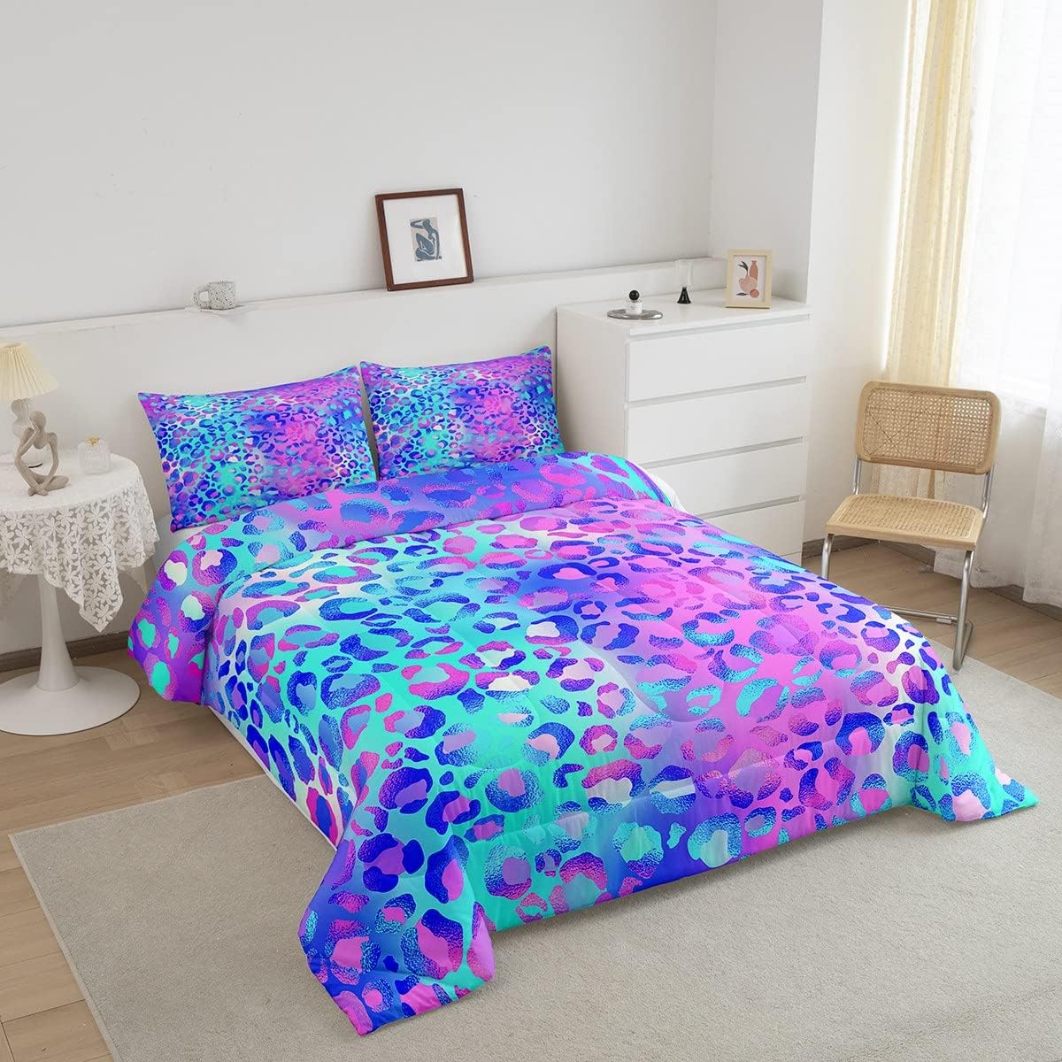 Feelyou Juego de edredón colorido de leopardo azul, morado, rosa, leopardo, juego de ropa de cama para niños pequeños, elegante juego de edredón