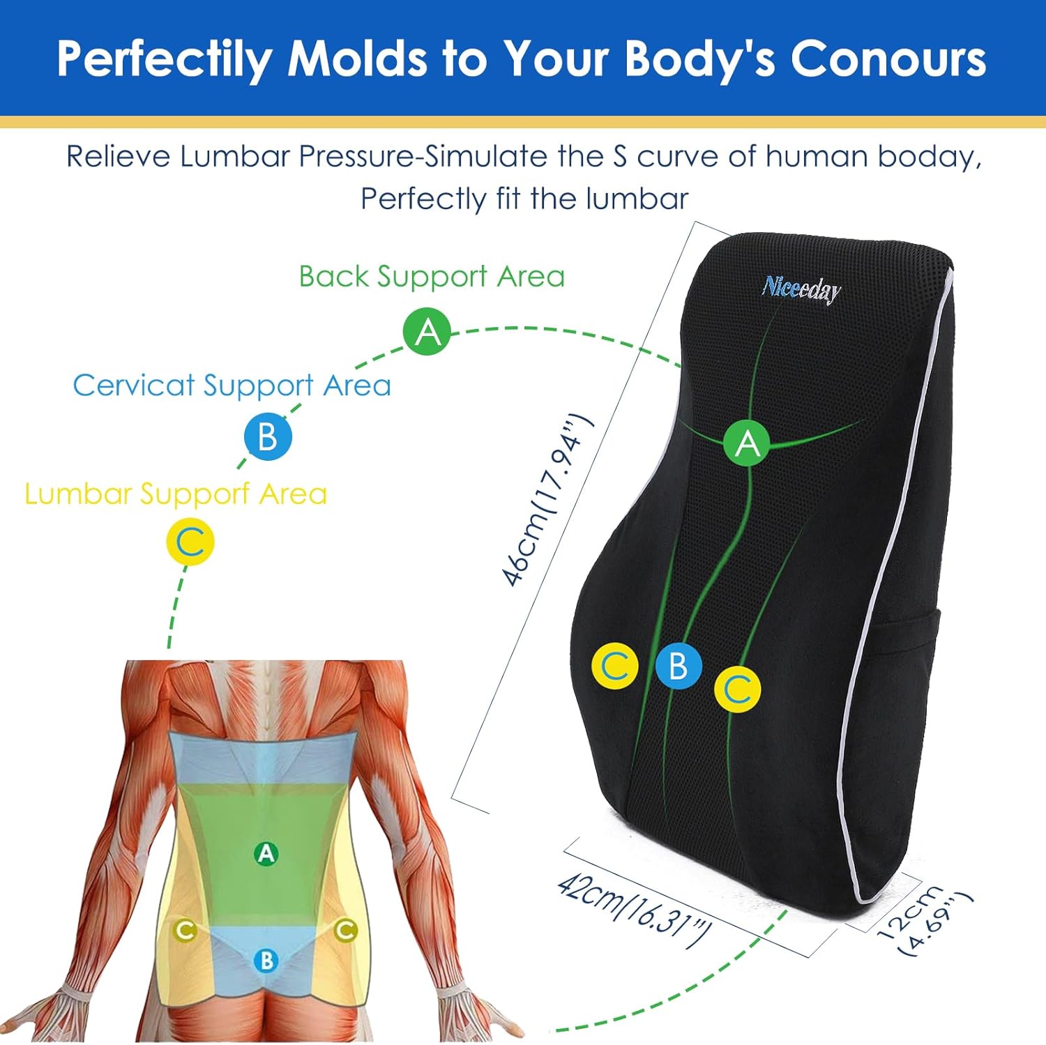Almohada de apoyo lumbar para silla de oficina, almohada lumbar de coche, alivio del dolor de espalda de espuma viscoelástica con funda de malla 3D,