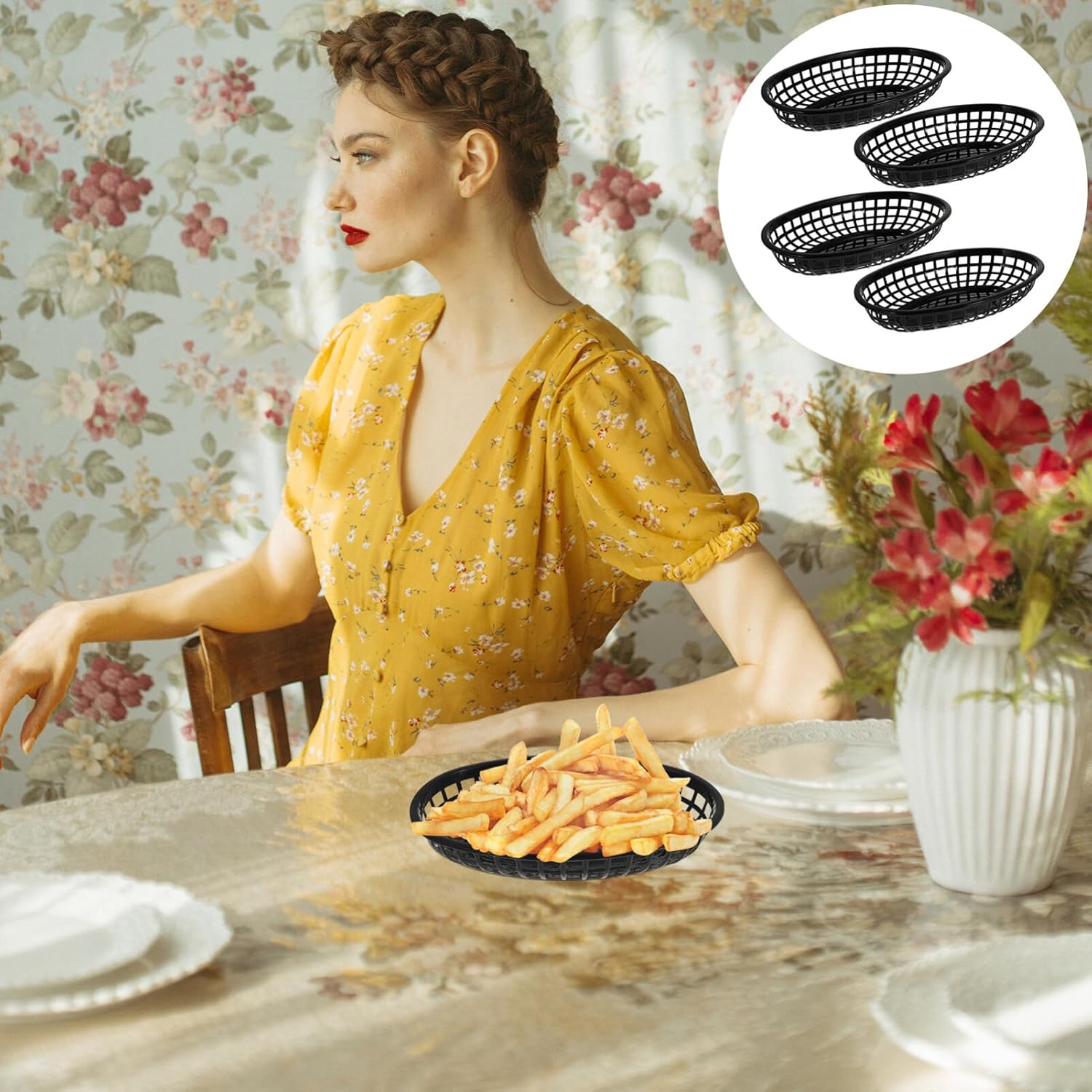 Kichvoe Cesta de comida rápida 4 unids cesta de plástico para frituras cesta de pan cestas de pan bandeja ovalada para servir suministros de