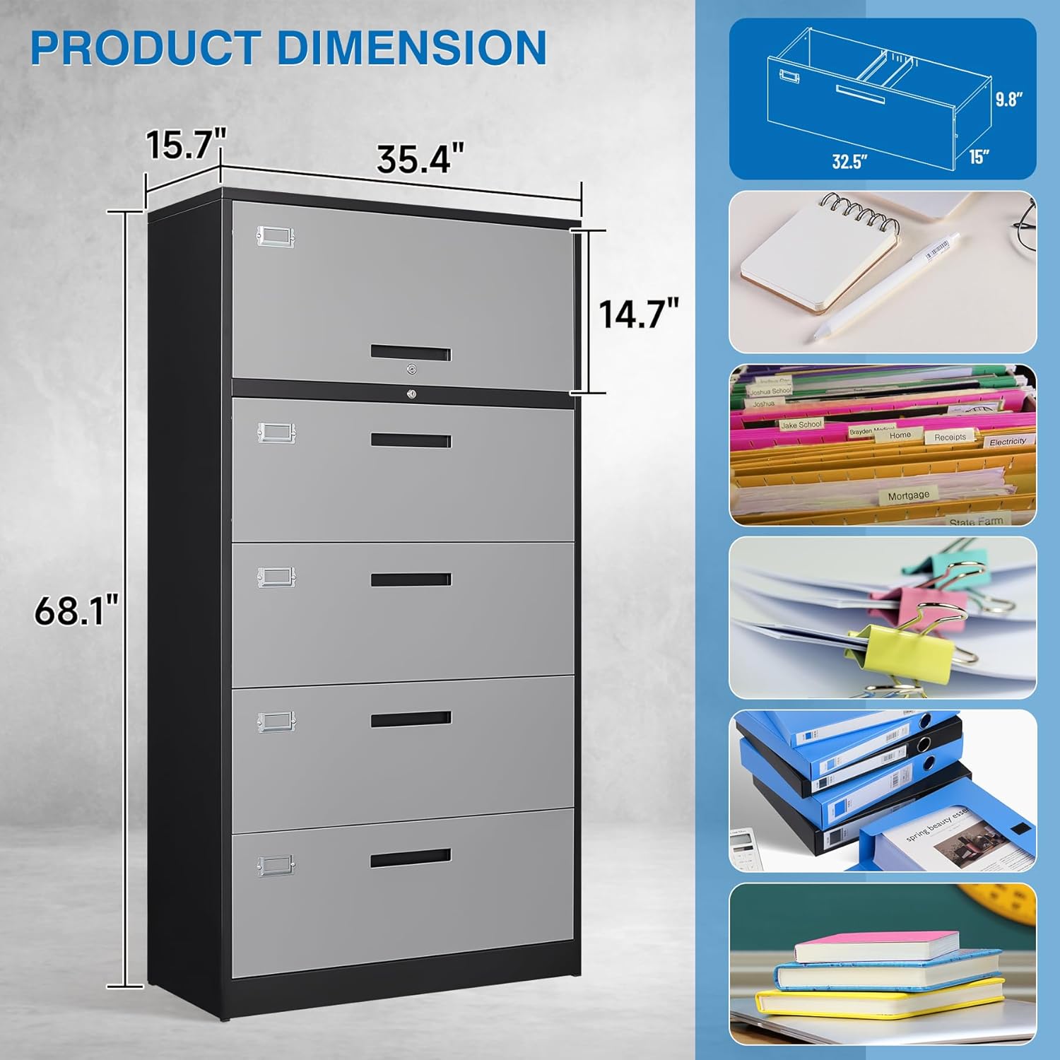 BYNSOE Archivador lateral con 4 cajones y 1 compartimento de almacenamiento, archivador de metal con cerradura, archivador de oficina para el hogar,