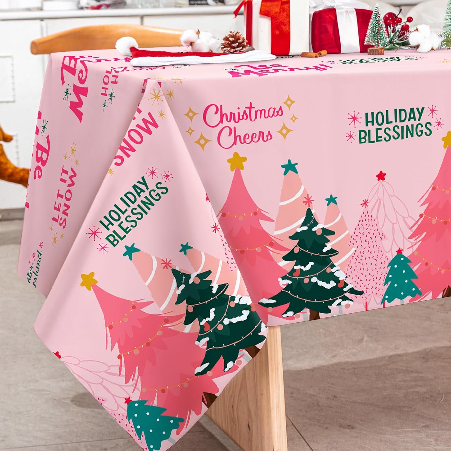 AnyDesign – Mantel rectangular de Navidad rosa con árboles de Navidad, mantel lavable para vacaciones de invierno, picnic, comedor, 60 x 104 pulgadas