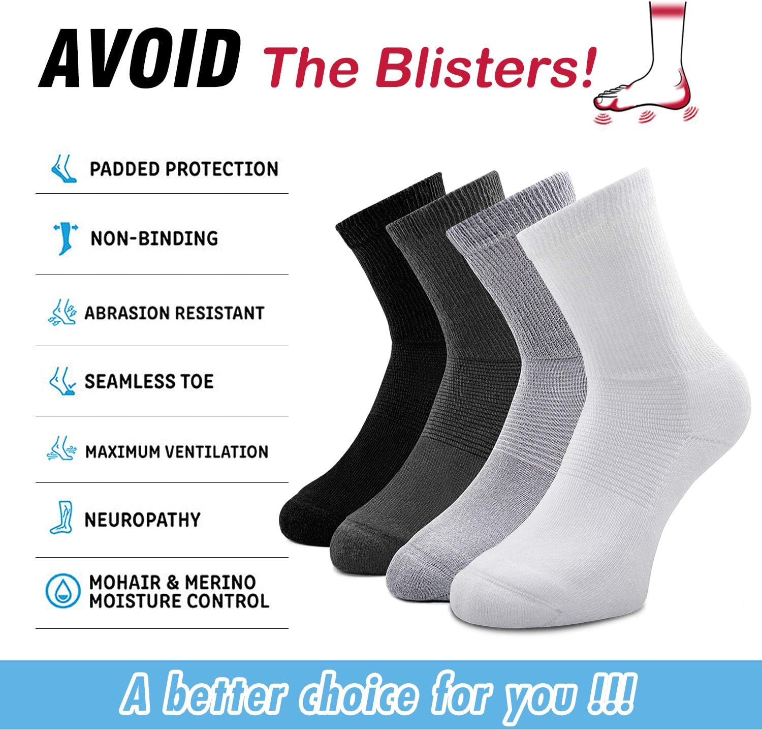 Busy Socks Paquete de 4 calcetines para diabéticos no vinculantes para hombres y mujeres, calcetines gruesos de algodón con parte superior suelta