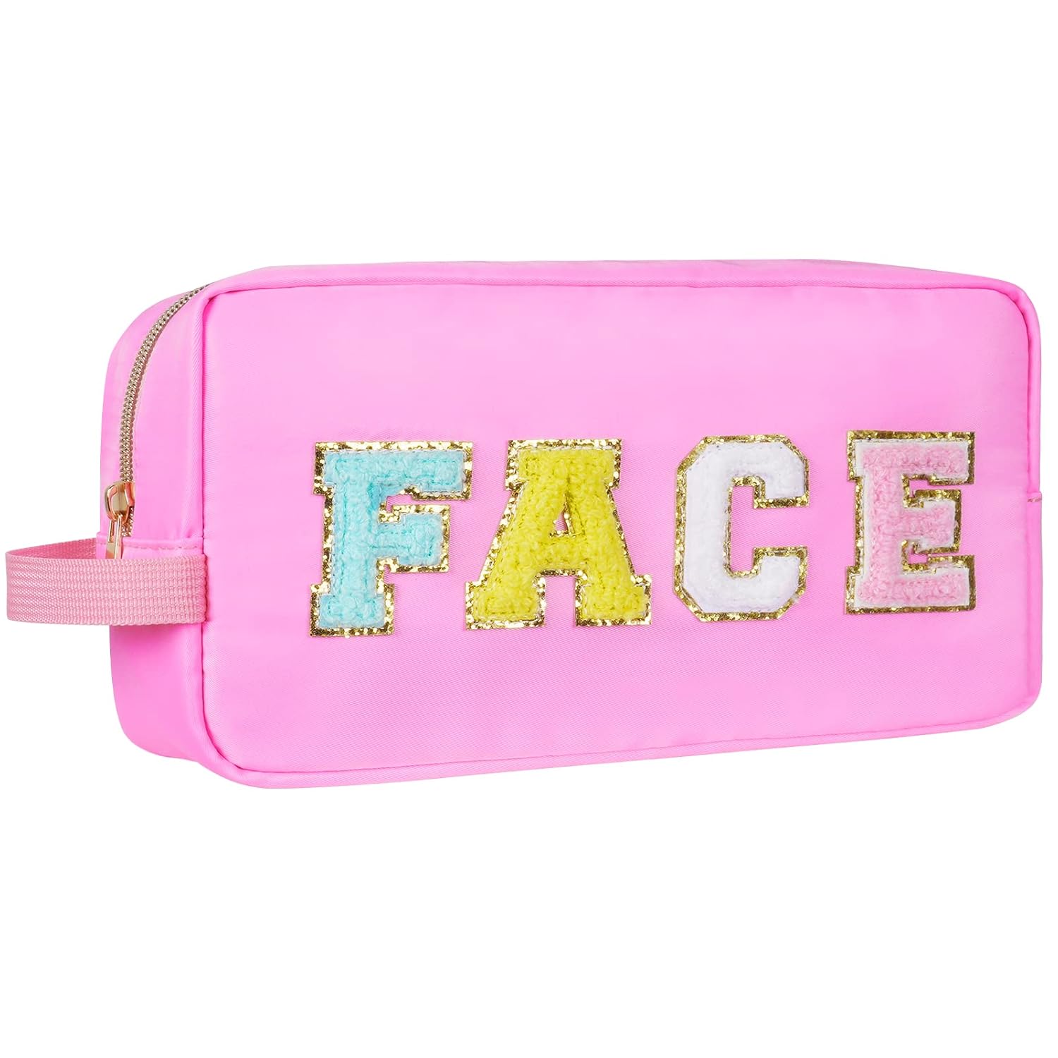 Bolsa de cosméticos de nailon con parche de letras universitarias de chenilla, organizador de bolsas de viaje para el cuidado de la piel para