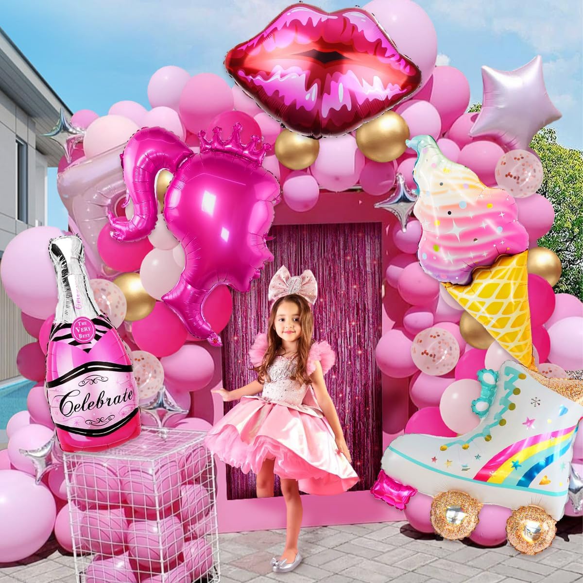 El kit de arco de guirnalda de globos rosas de 126 piezas incluye 5 globos estilizados rosa intenso niña rosa princesa princesa fiesta temática
