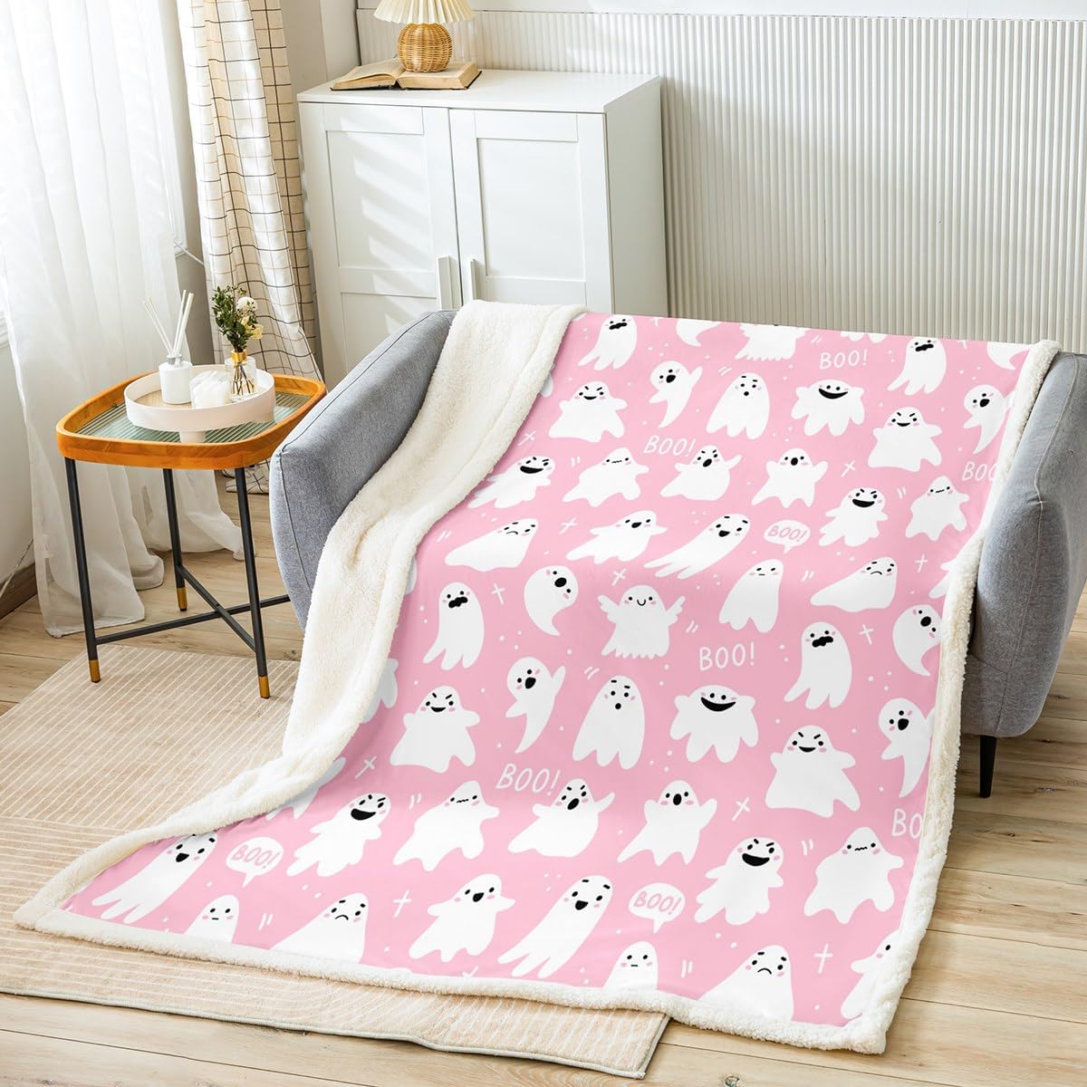 Manfei Manta de fantasmas de Halloween con temática de Halloween para sofá, manta de cama rosa de Halloween para niños, niñas y adultos, decoración