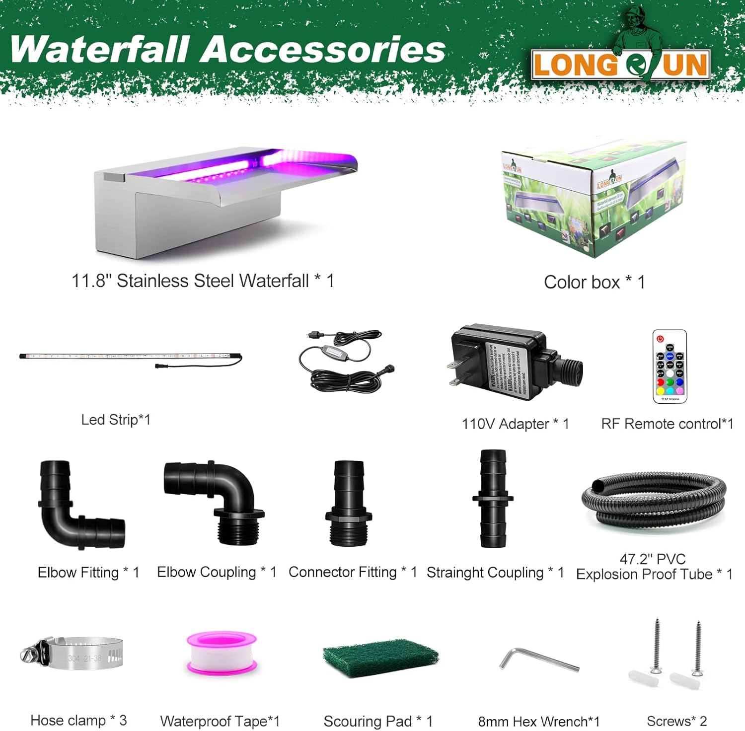 LONGRUN Cascadas de estanque de acero inoxidable con luz LED que cambia de color, fuente de piscina al aire libre, kit de cascada para jardín,