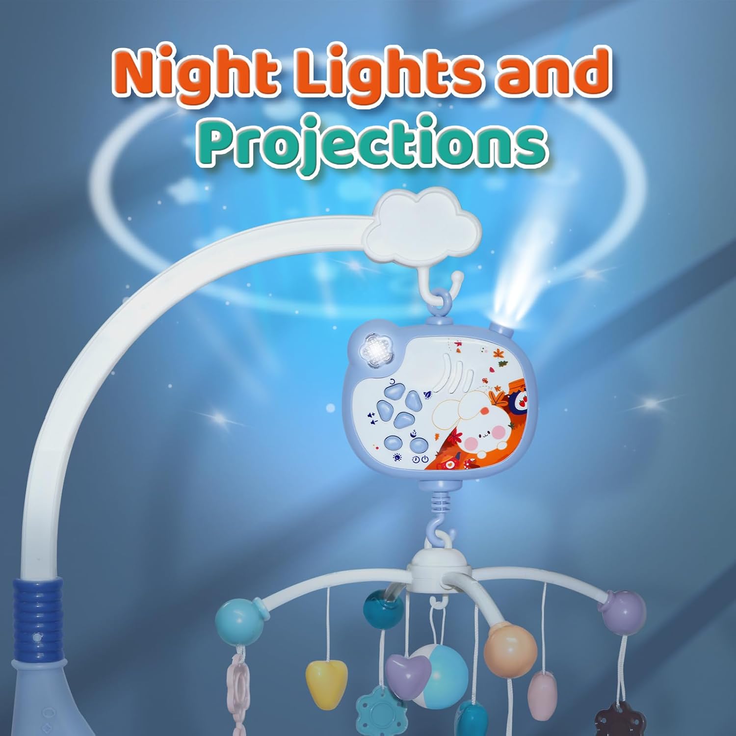 JAWOJOWA Móvil para cuna de bebé con música y luces nocturnas, móvil para cuna con rotación, control remoto, proyección, juguetes de cuna para