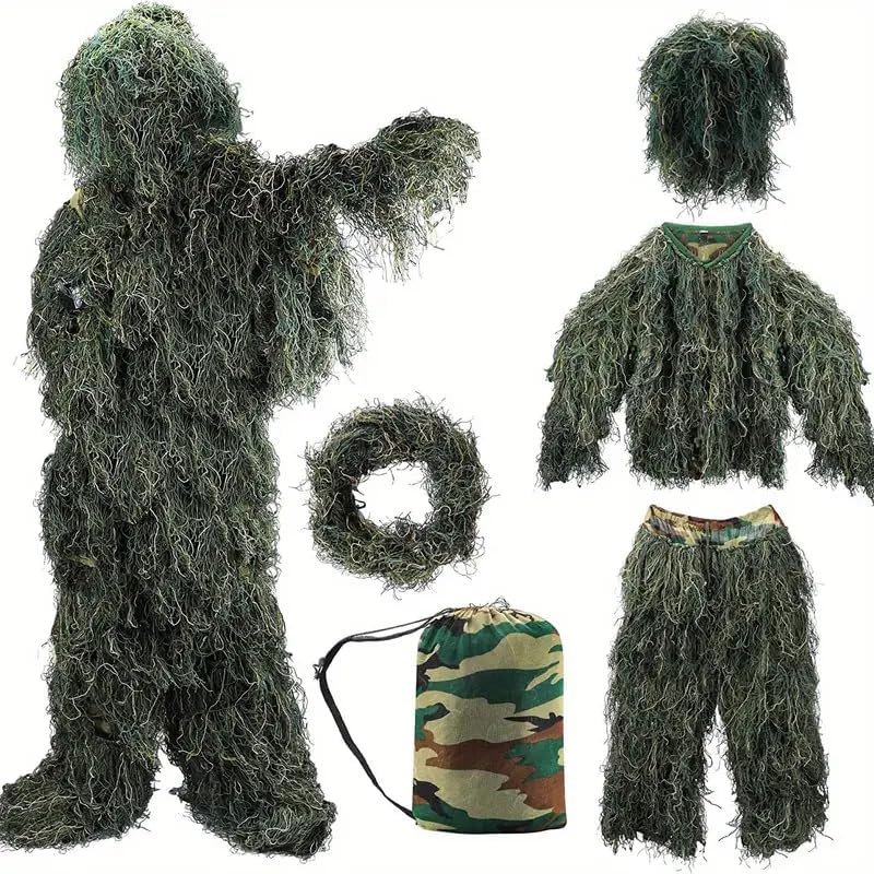 Sibosen Traje Ghillie 5 en 1  Ropa de caza de camuflaje 3D que incluye chaqueta, pantalones, capucha, bolsa de transporte
