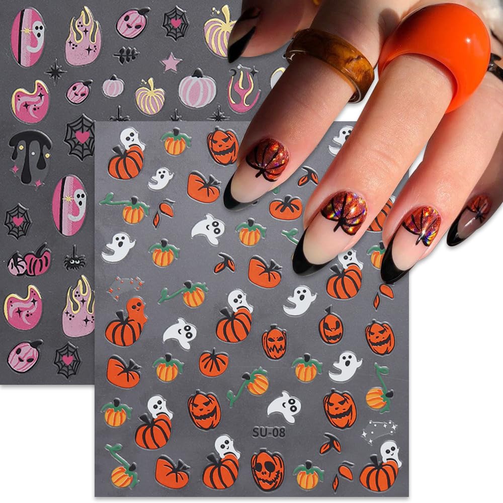 8 hojas de calcomanías de arte de uñas de Halloween, diseño de calabaza fantasma, diseño de llama de araña, diseño de llama de sangre y llama,