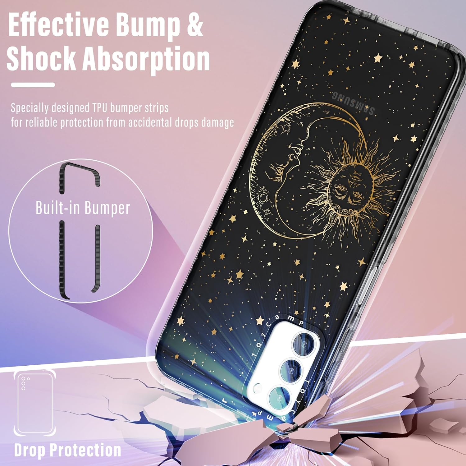 Toycamp Funda para teléfono Samsung Galaxy A03S con soporte de anillo, diseño de fantasía con purpurina de sol, luna, estrellas, fantasía para