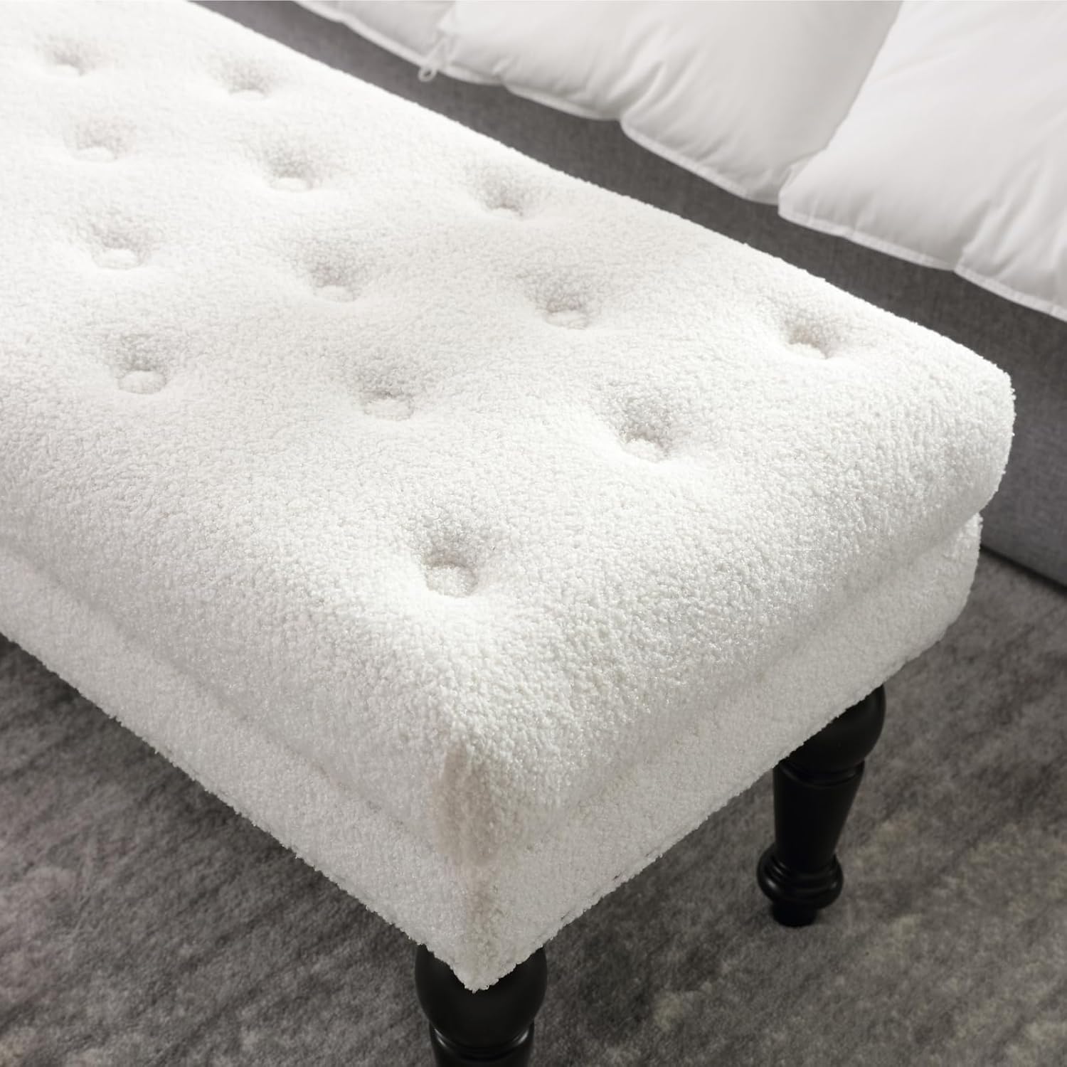 LukeAlon Banco de comedor vintage de sherpa, banco de comedor tapizado con cabeza de clavos, banco auxiliar rectangular con patas de madera maciza,