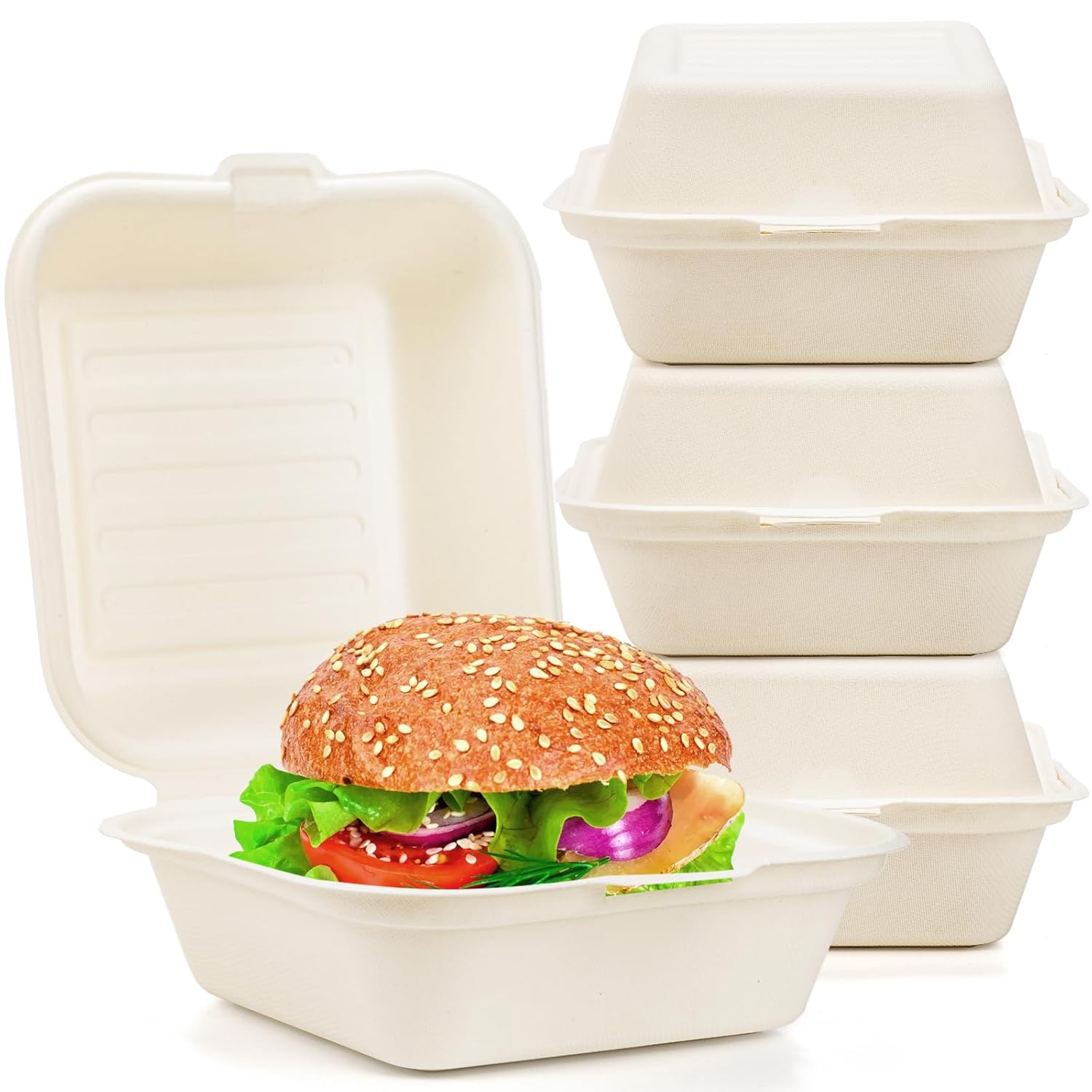 Peohud Paquete de 100 recipientes de comida para llevar, 6 x 6 pulgadas, desechables, caja ecológica para llevar, para hamburguesas, pasteles,