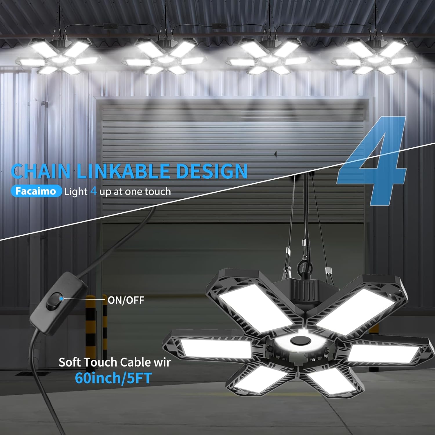 Paquete de 4 luces de garaje enchufables, 185 W, 18500 lúmenes, luz LED de tienda conectable, 6500 K, luces de techo LED con 6 paneles deformables
