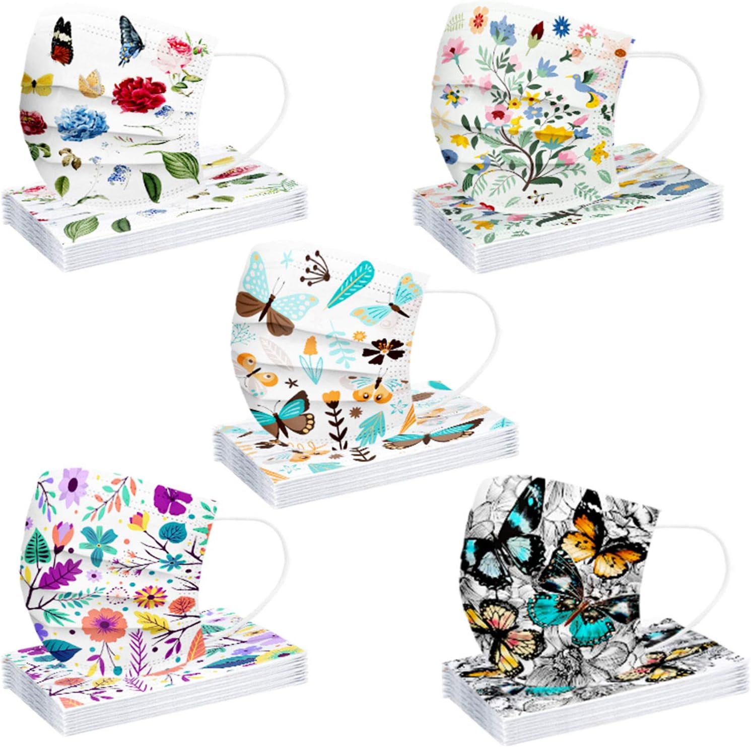 50 máscaras desechables para mujer, diseño de mariposas, gruesas, 3 capas, para adultos, para vacaciones, para el cuidado de la piel