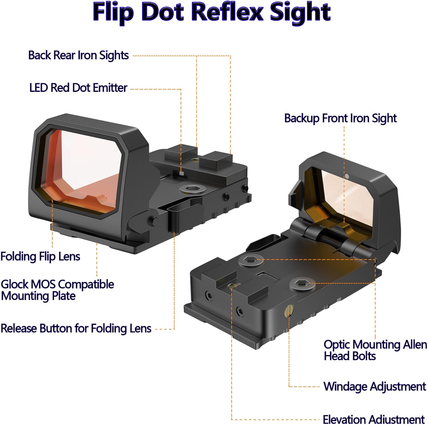 TFFUAM Mini mira plegable de punto rojo, mira refleja compacta abatible para Glock MOS, 3 MOA RMR Red Dot Gun Sight Scope con base elevada para